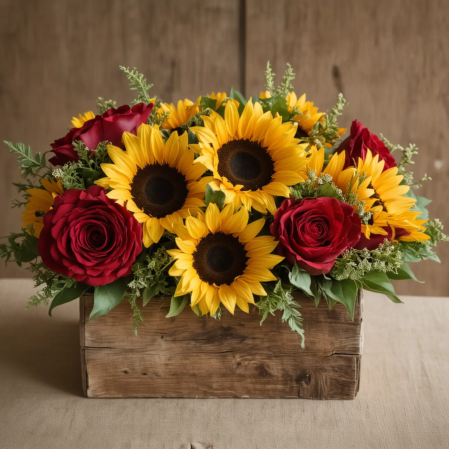 a simple rustic centerpiece with sunflowers and red roses