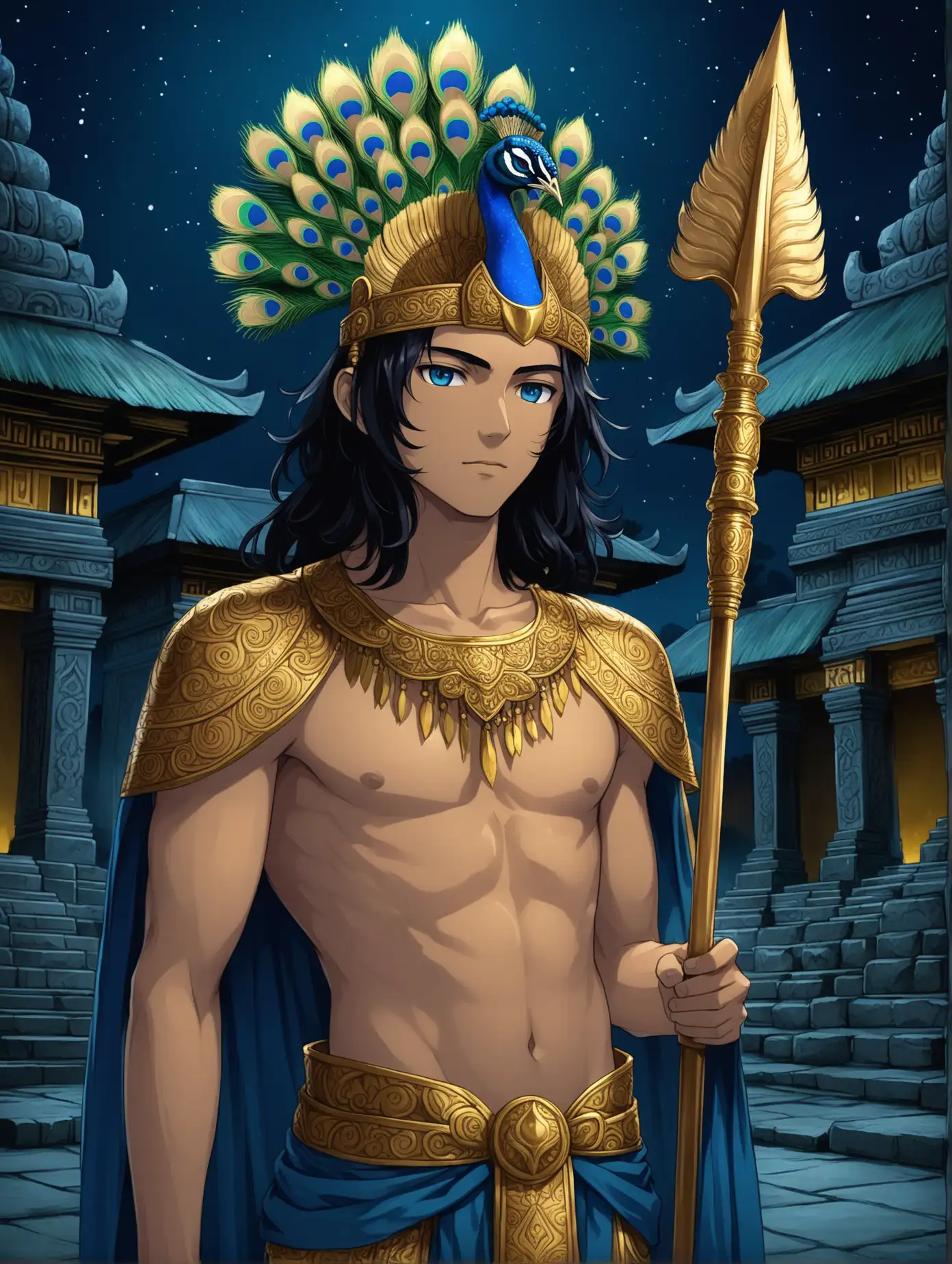 a 20 year old male warrior, wavy black hair, peacock headdress, wearing ancient Indonesian clothes, with a gold spear, bare chested and wearing a blue cloth, in front of an Indonesian stone temple at night