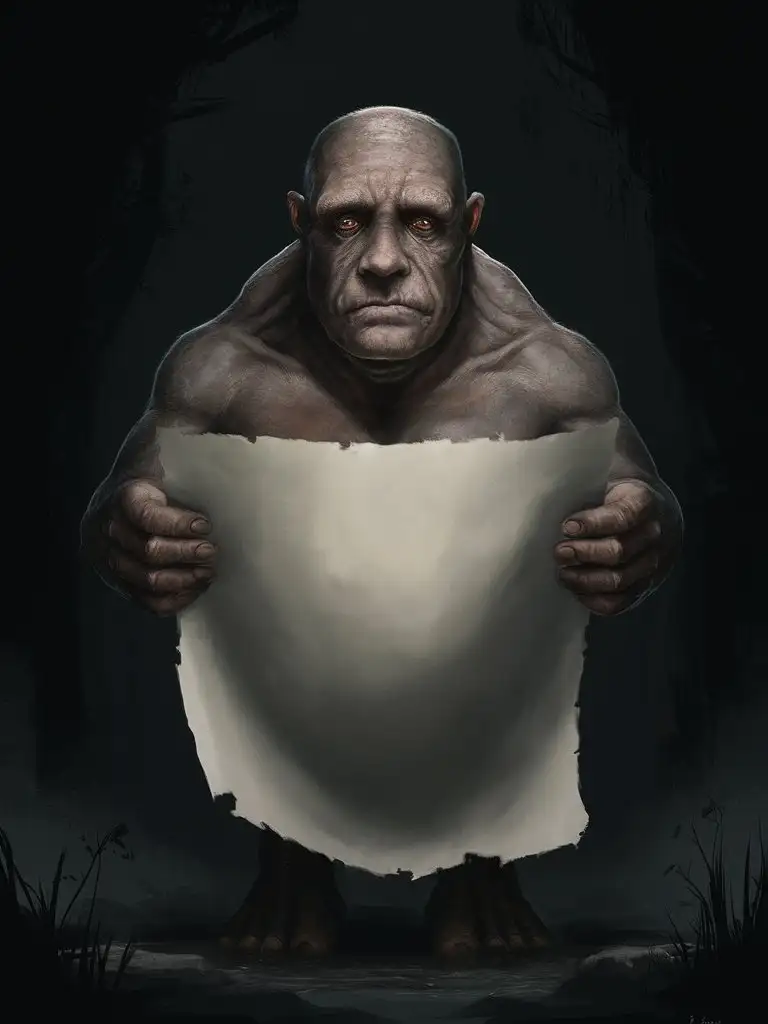 a dark cyclops holding a large white paper with nothing on it. facing straight at the viewer. Make his look real
