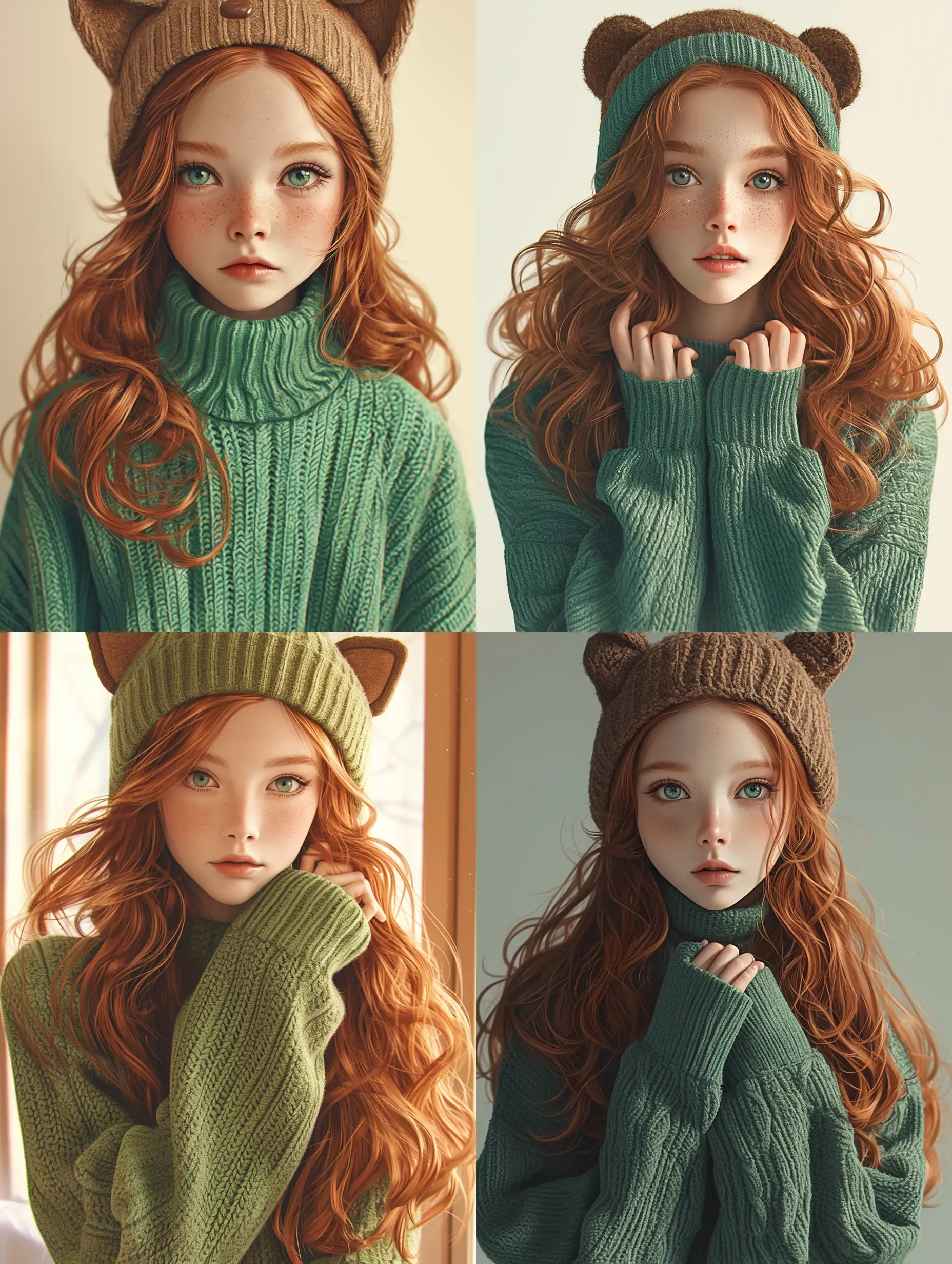 a beautiful cute ginger girl, wearing a green sweater and an animal beanie, hyperrealistic photography :: anime::-0.1 --niji 6 --s 250