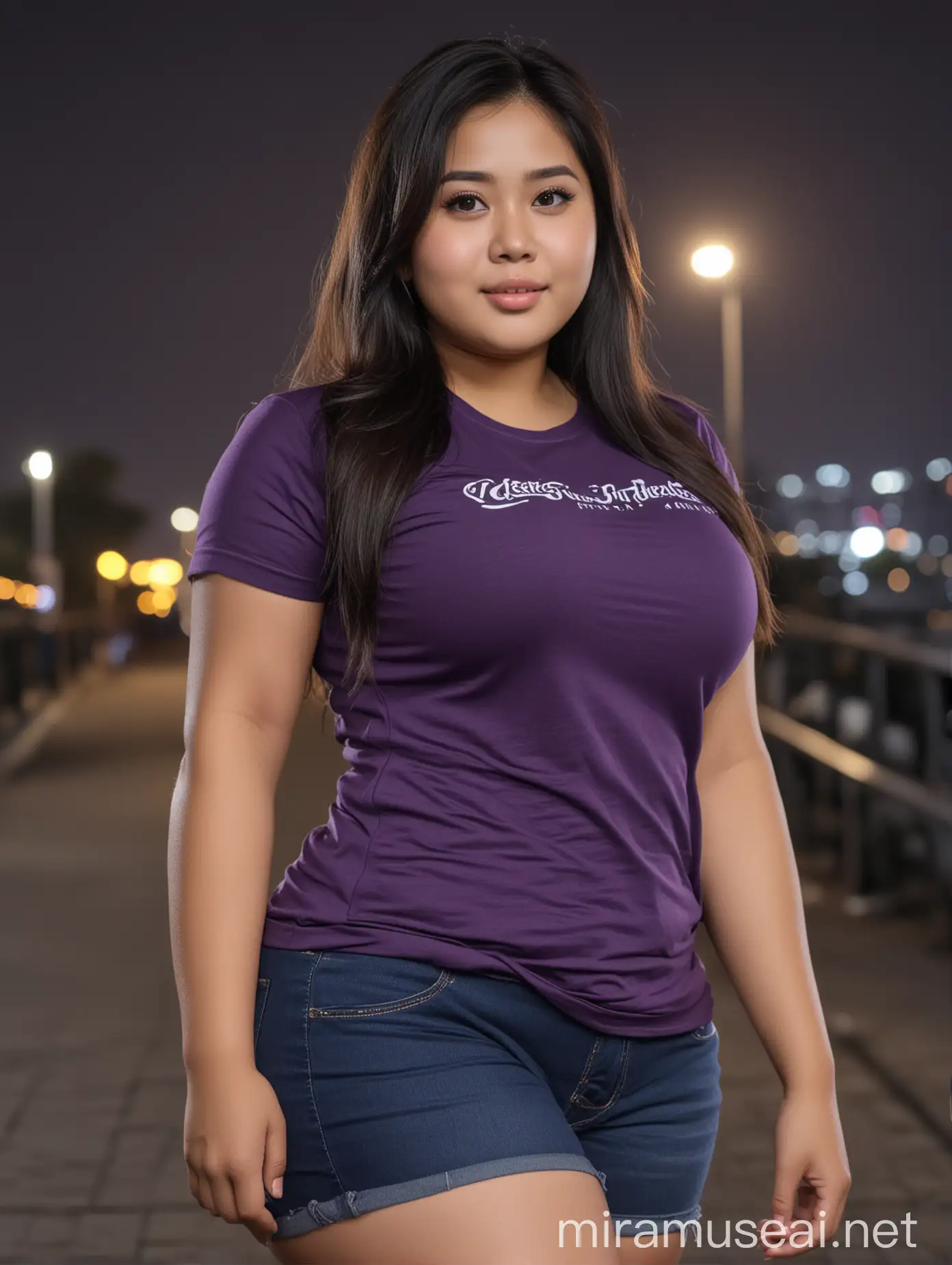 Photography, ((best quality)), ((masterpiece)), (detailed), perfect face, girl, soft smile, big breasts, (chubby body), (beautiful indonesian women chubby body), Big thighs, black long hair, Wearing a dark purple t-shirt and short, outdoor, at night, 32k Ultra HD, HDR.