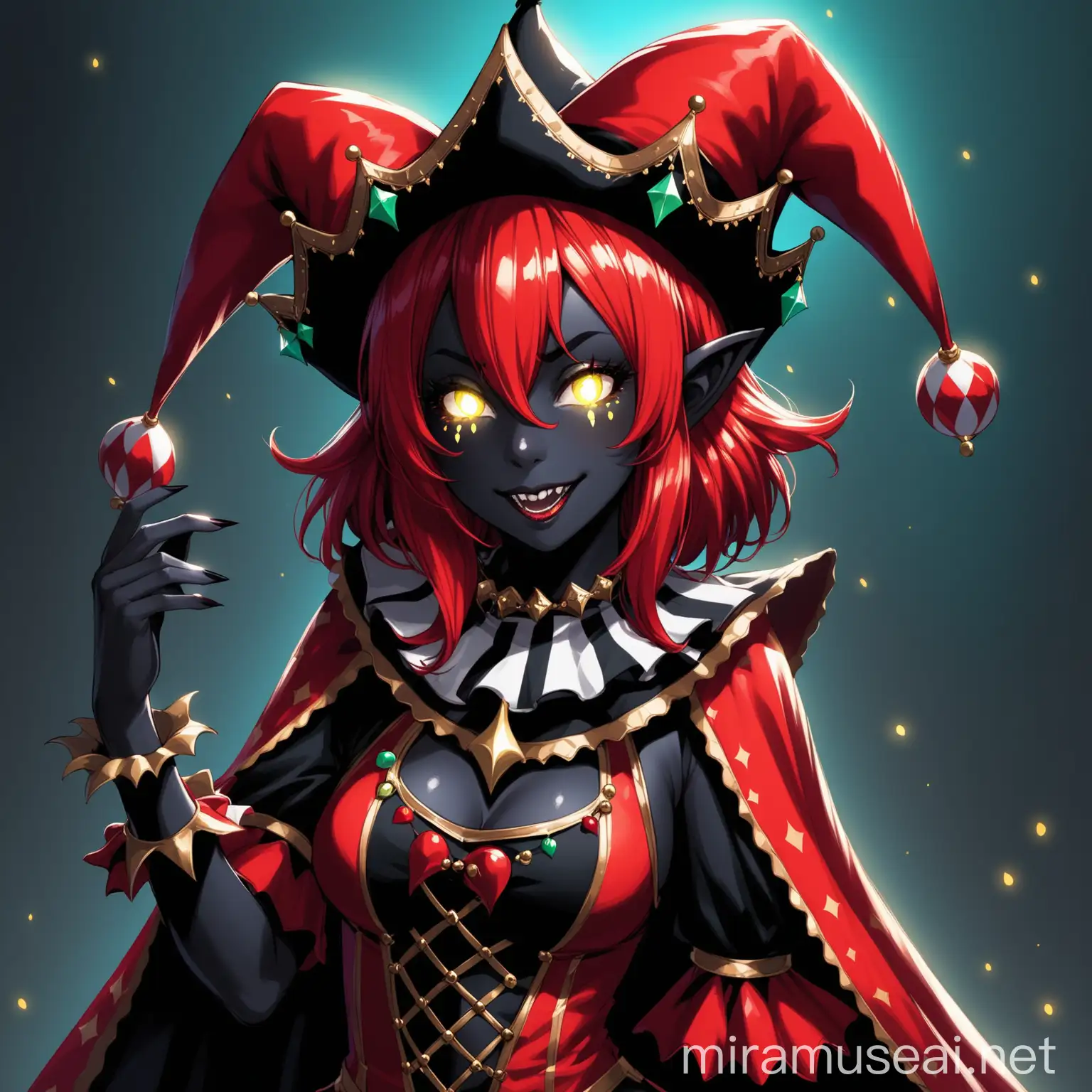 a female fantasy jester with pitch black skin, she has luminous chaotic white eyes, she has red hair, she wears jester clothes, she wears a jester hat
