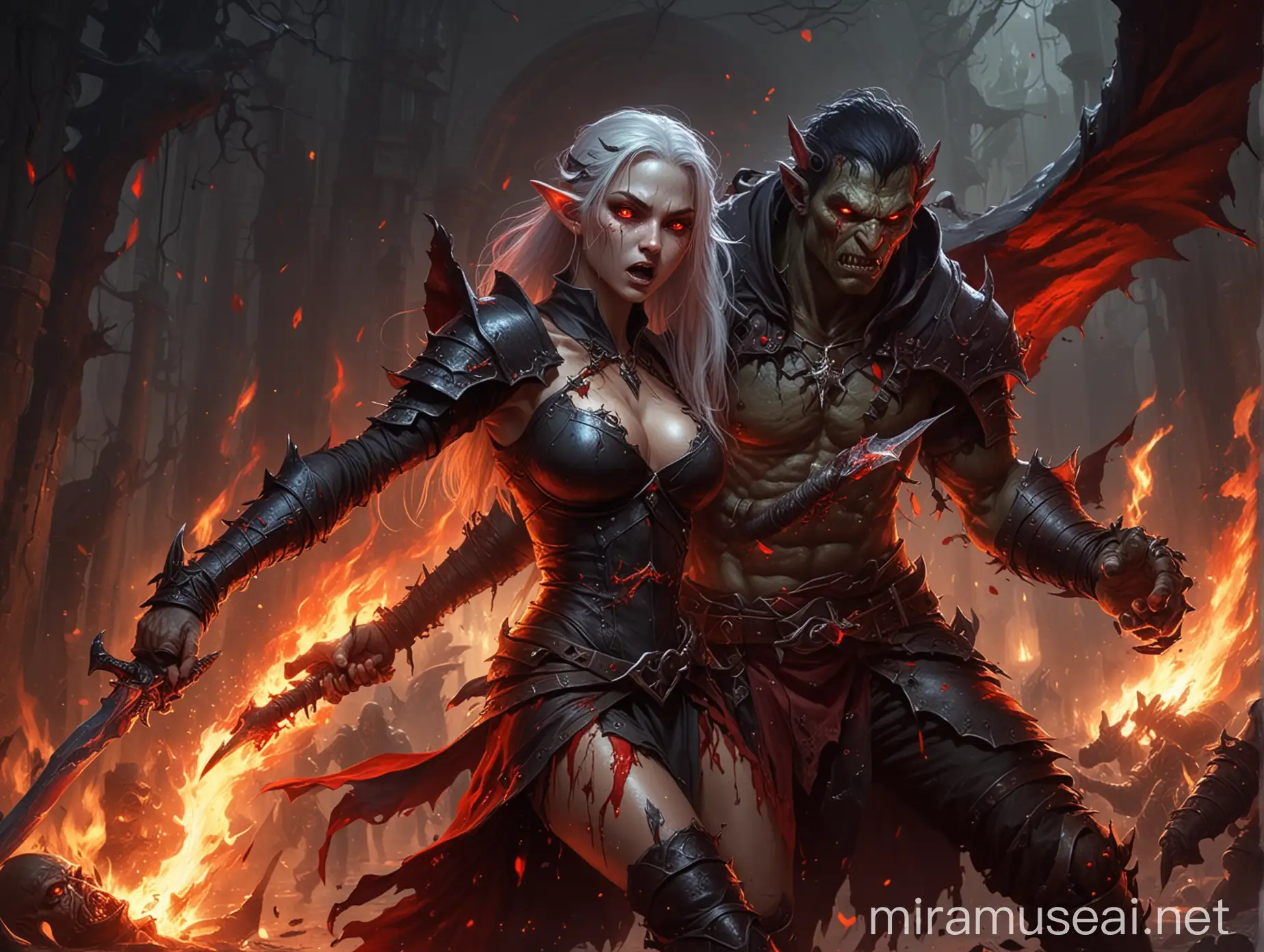 Dark Fantasy Elf Witch Battle with Orc in DD Art Style