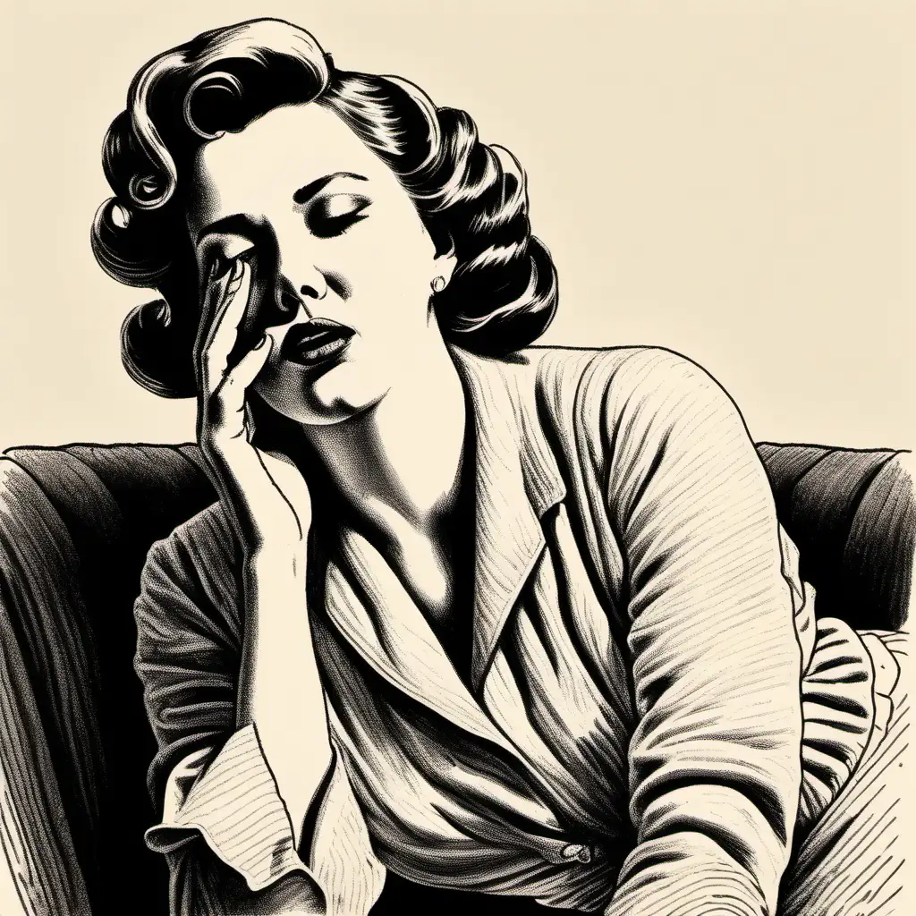 1950s Vintage Style Drawing of a Bored Wife Yawning Politely