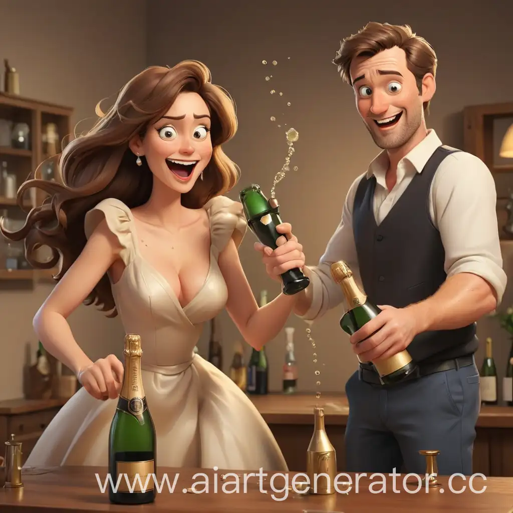 Cartoon-Man-Pours-Champagne-on-Woman-in-Celebration