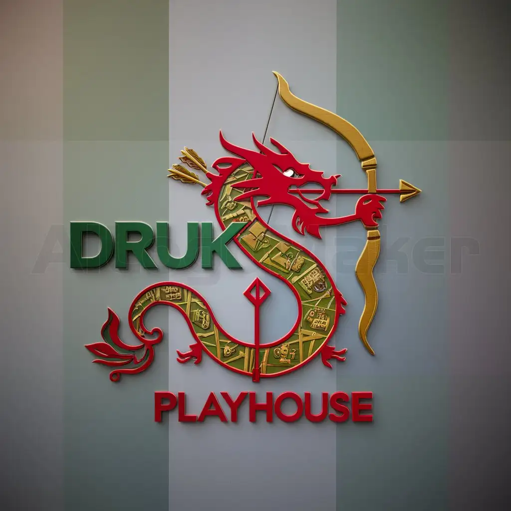 LOGO-Design-For-Druk-Playhouse-Vibrant-Red-Green-and-Gold-Dragon-with-Bhutanese-Archery-Theme