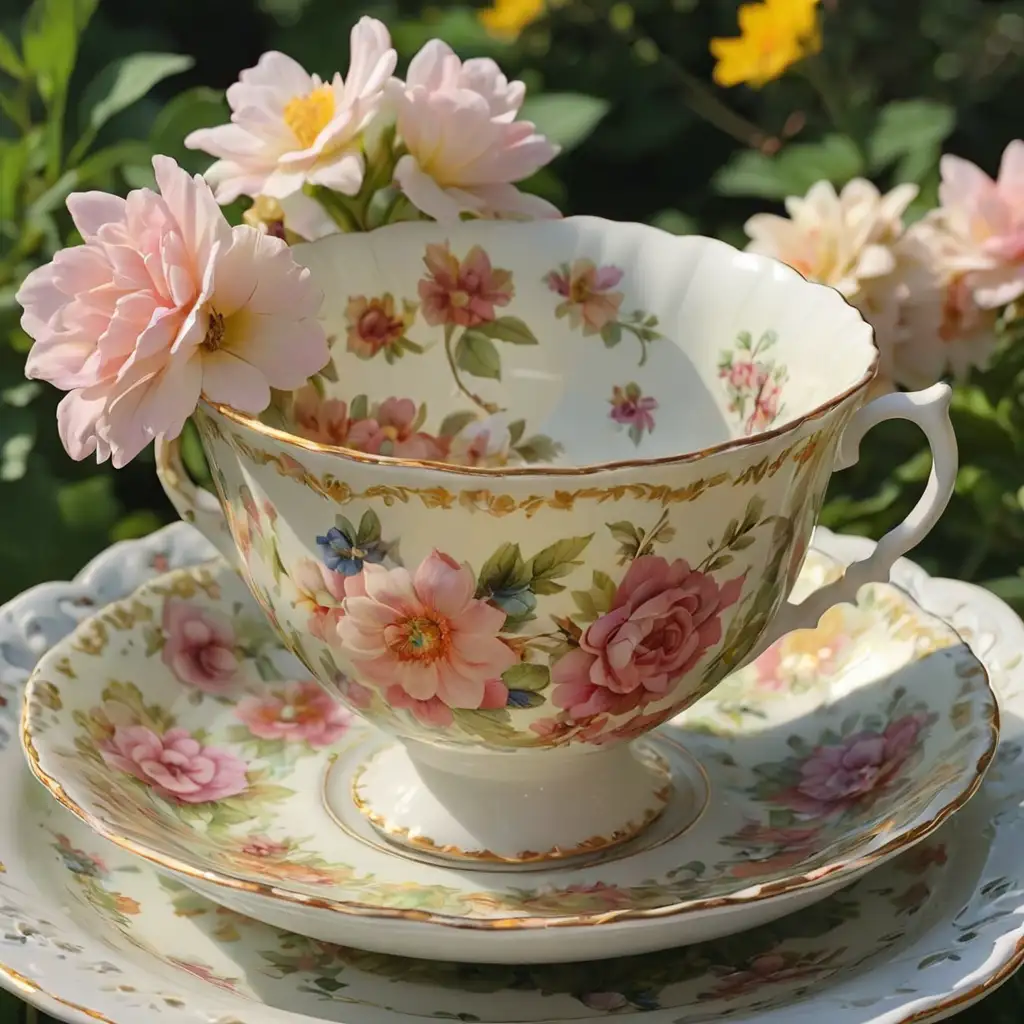 vintage English tea cup and saucer  up close  late 18th  century  summer all bloom  rococo out in a garden