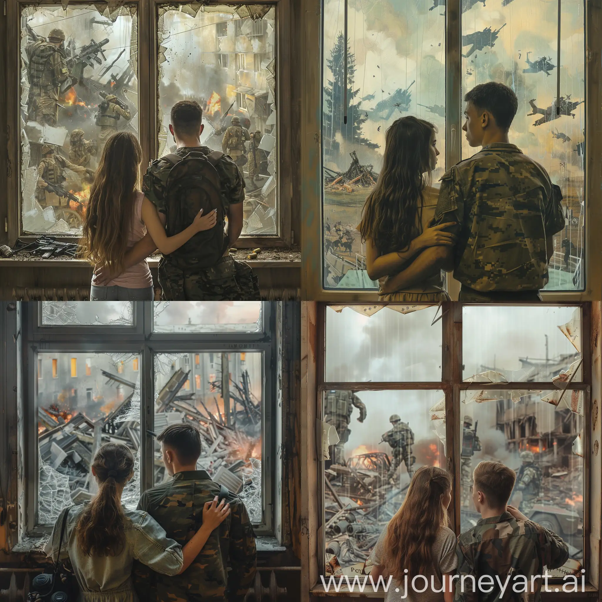 the picture is divided into two parts by a vertical strip. only a girl and a guy, both without military uniforms and clothes look at the window and support each other. the window is common in the middle of the picture. in the window are military actions, destruction