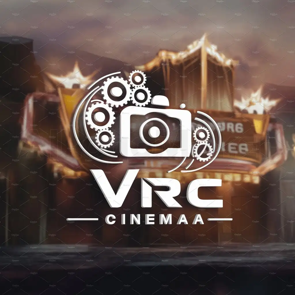 a logo design,with the text "VRC Cinema", main symbol:Camera, motor, film,complex,be used in Recreations industry,clear background