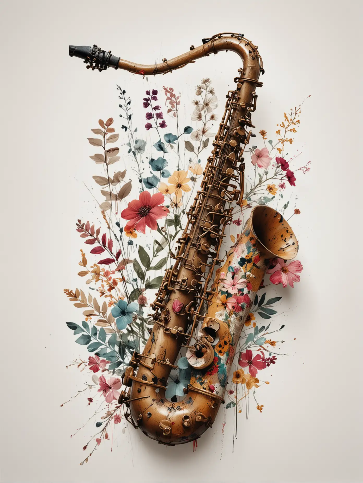 Stylized Saxophone and Flowers Art Modern WabiSabi Japandi Design