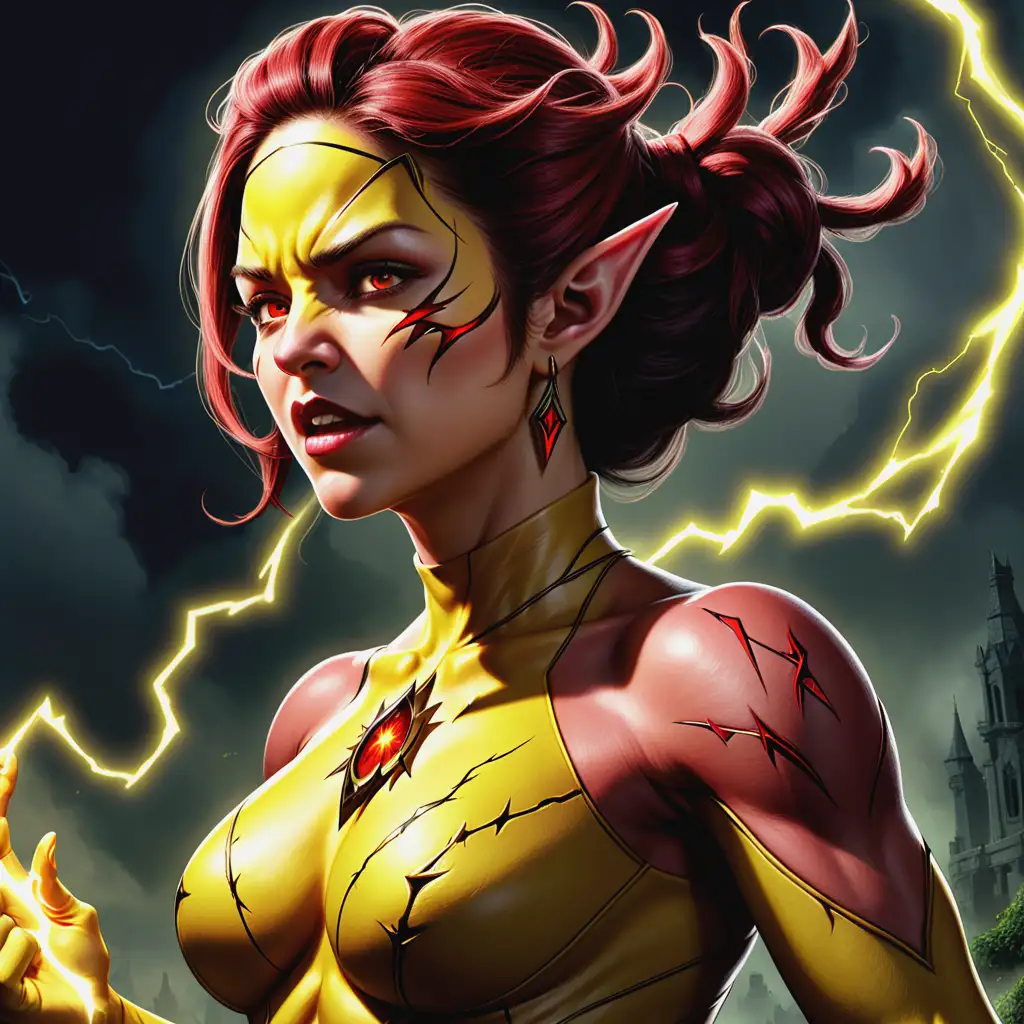 An jittery Woman, Reverse-Flash, A stunning photo of 'The Reverse-Flash Flash' by Jason Alexander, capturing the superhero in action with lightning speed. 
Etrian Odyssey IV,Discover the mystical world of "The Legend of the Trinity" with this captivating game cover featuring ancient symbols and powerful imagery.
, Twisted Bun hairstyle Wearing flower patterns, the woman's body parts such as chest, thigh, stomach, and abdomen are visible
Axinite Jewelry,  Necklace, Rings and earrings.Half-Orc woman painterly smooth, extremely sharp detail, finely tuned, 8 k, ultra sharp focus, illustration, illustration, art by Ayami Kojima Beautiful Thick Sexy Half-Orc women 