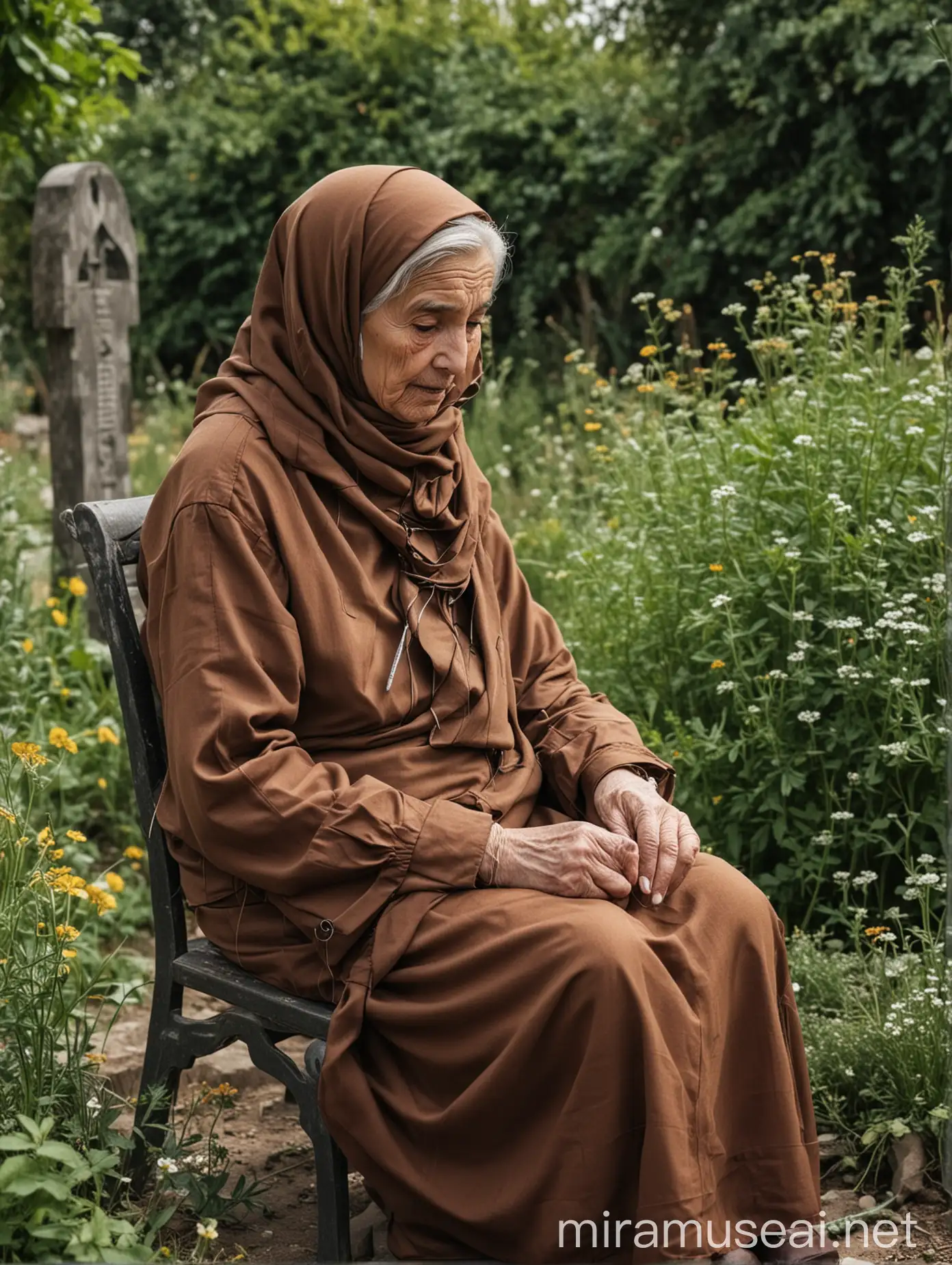 Elderly Muslim Woman Sewing Near Loved Ones Grave in Garden