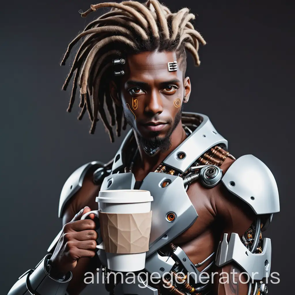 Male cyborg, dreadlocks short hair, coffee cup on his shoulder, dark brown skin, short beard