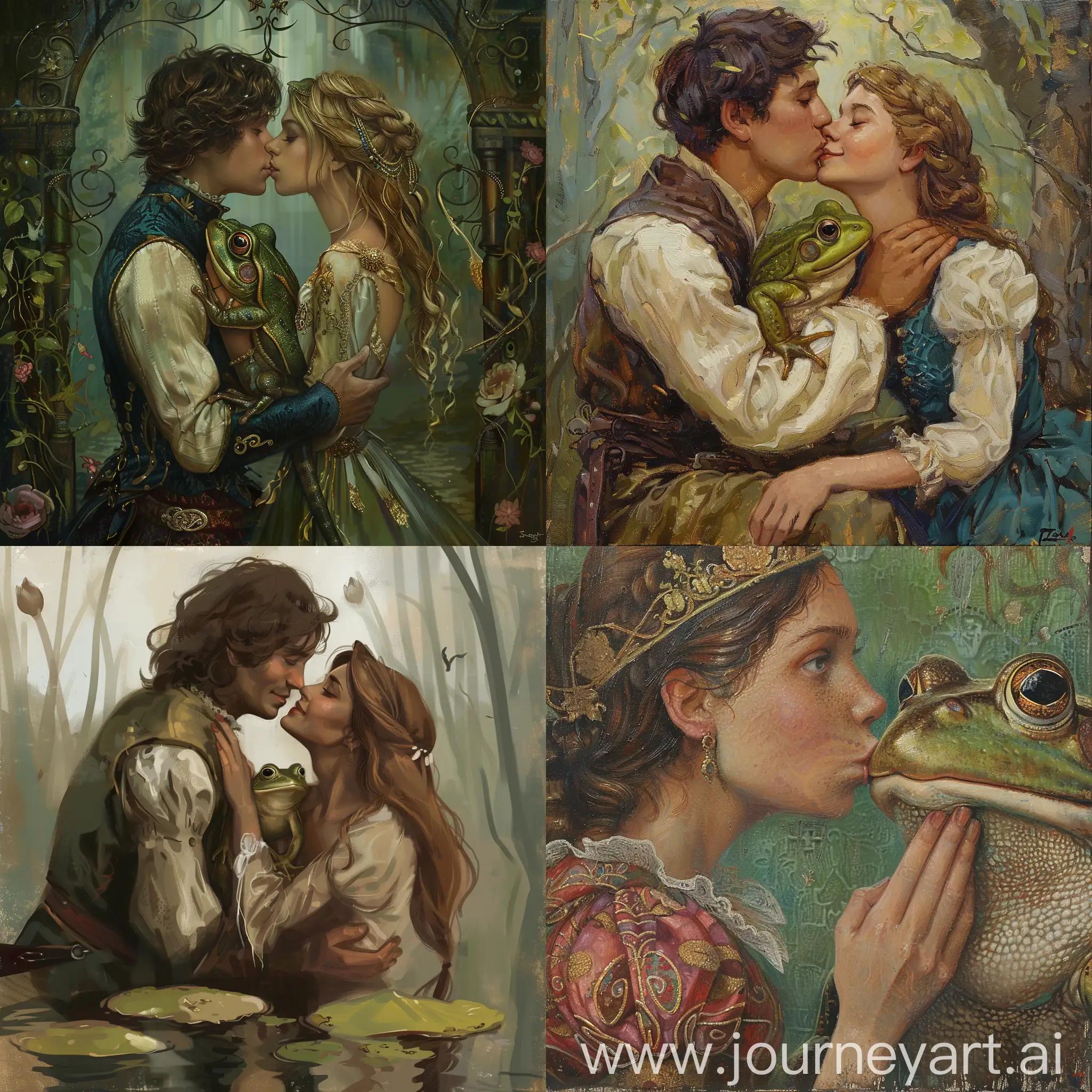 Ivan kissed the frog and, suddenly, the Princess was in front of him. Ivan hides a frog in his pocket, but it's too late, I've already seen it.