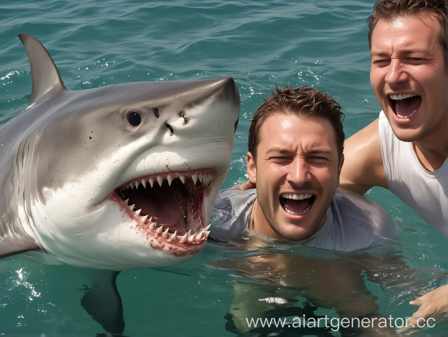 The shark attacks the man and makes the shark laugh on his face