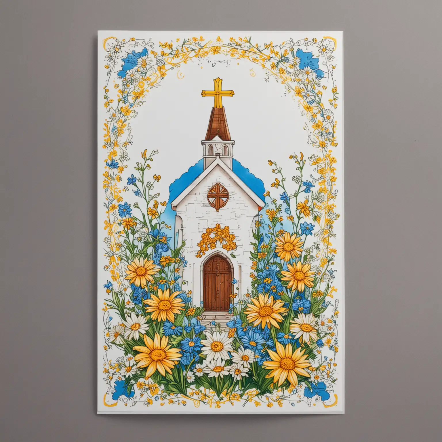 Easter Card vertical shape with a church outline - card to have bright coloured Easter Flowers. Flowers to be blue, yellow, white - all flowers to be small size including a small white daisies. Card to have a thin ornate cross at the left hand side