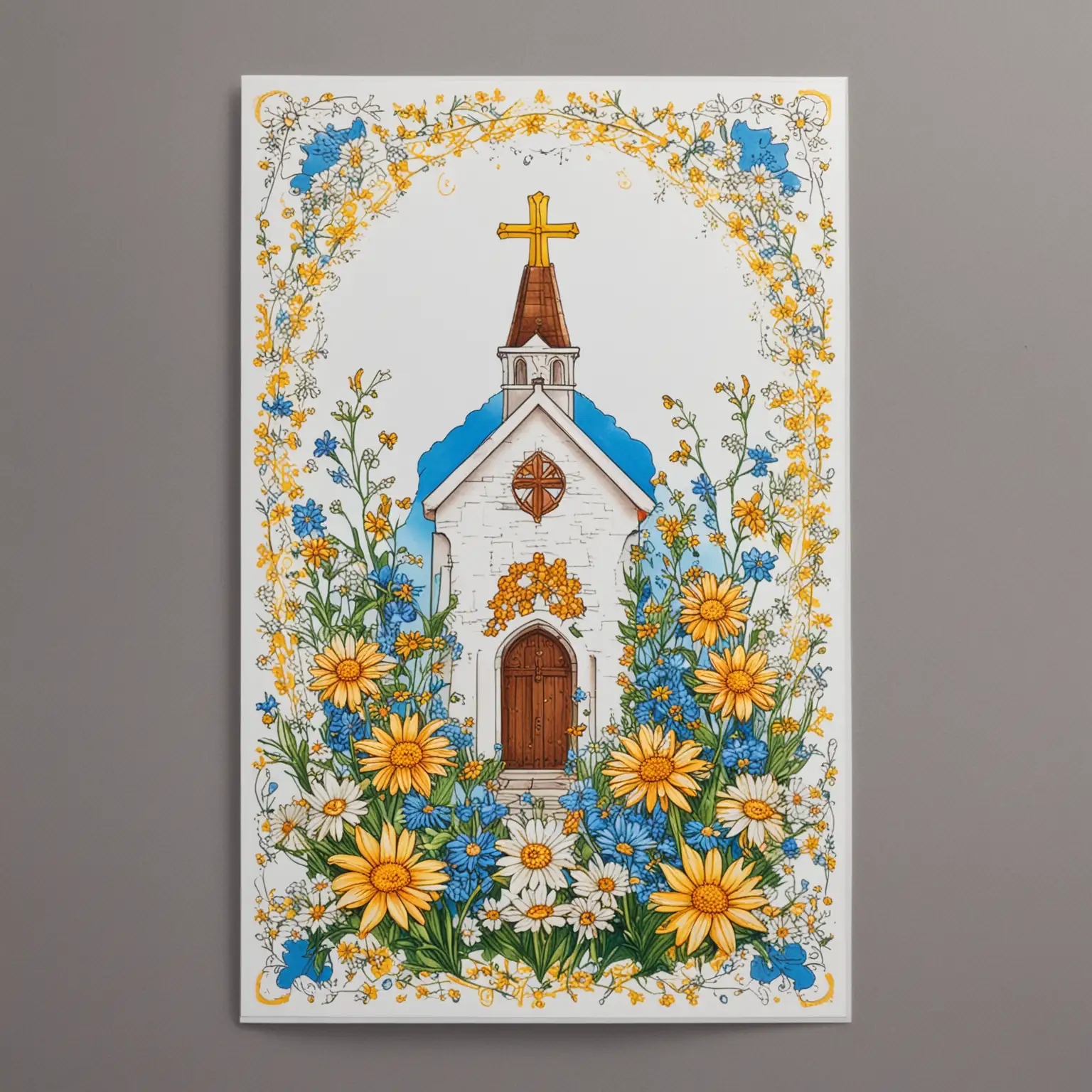 Easter Card  vertical shape with a church outline - card to have bright coloured Easter Flowers.  Flowers to be blue, yellow, white - all flowers to be small size including a small white daisies.  Card to have a thin ornate cross at the left hand side