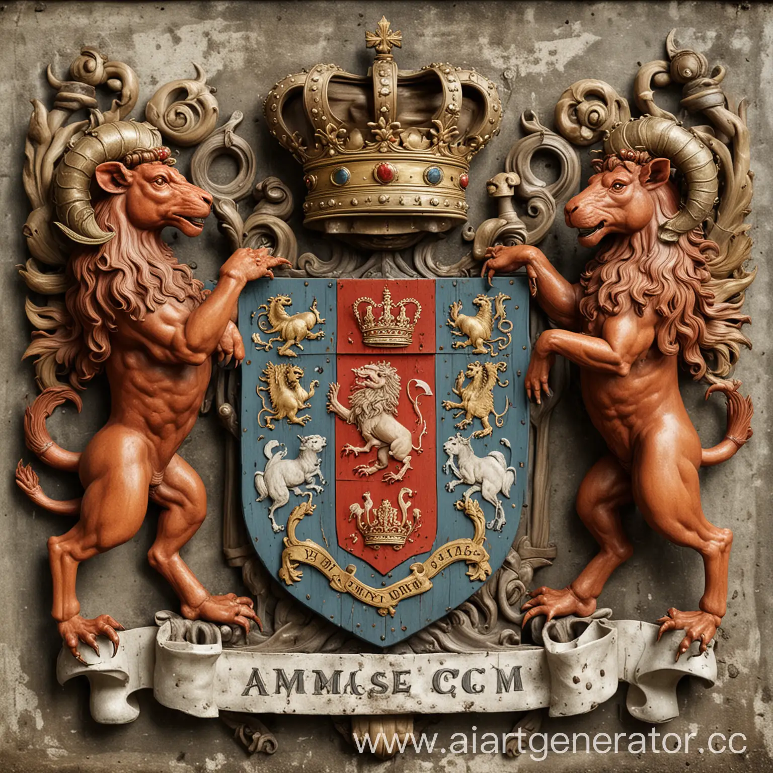 Фамильный герб. На нем рак, лев, овен, водолей и корона
