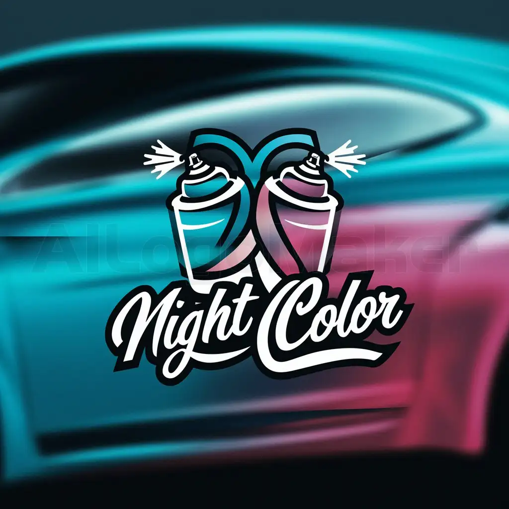 a logo design,with the text "night color", main symbol:create a logo that shows two spray guns painting a car.,Moderate,clear background