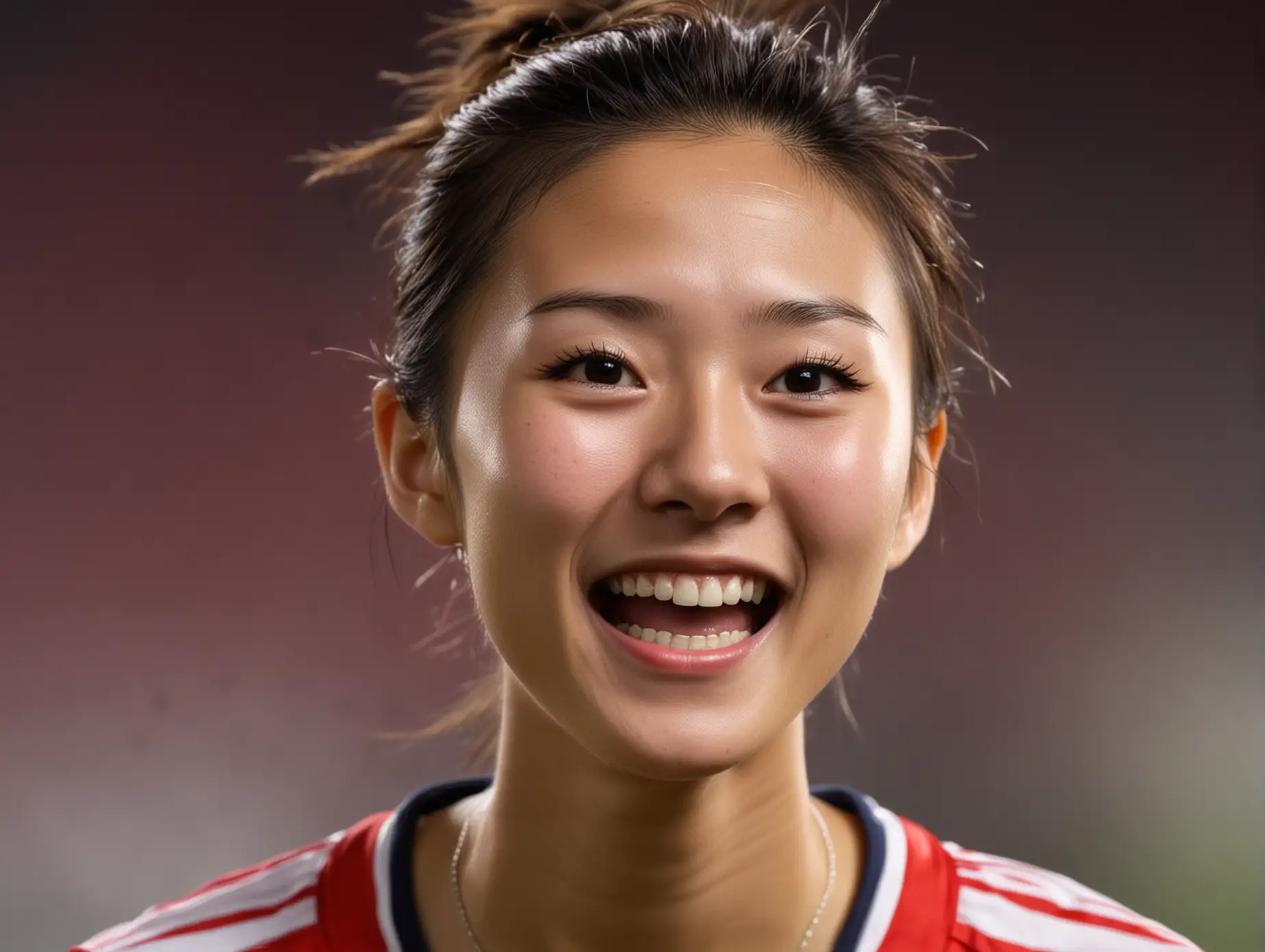 Close up face of a beautiful very skinny 22 year old Chinese female soccer player celebrating a goal with fiercely intense eyes and a joyful smile.
