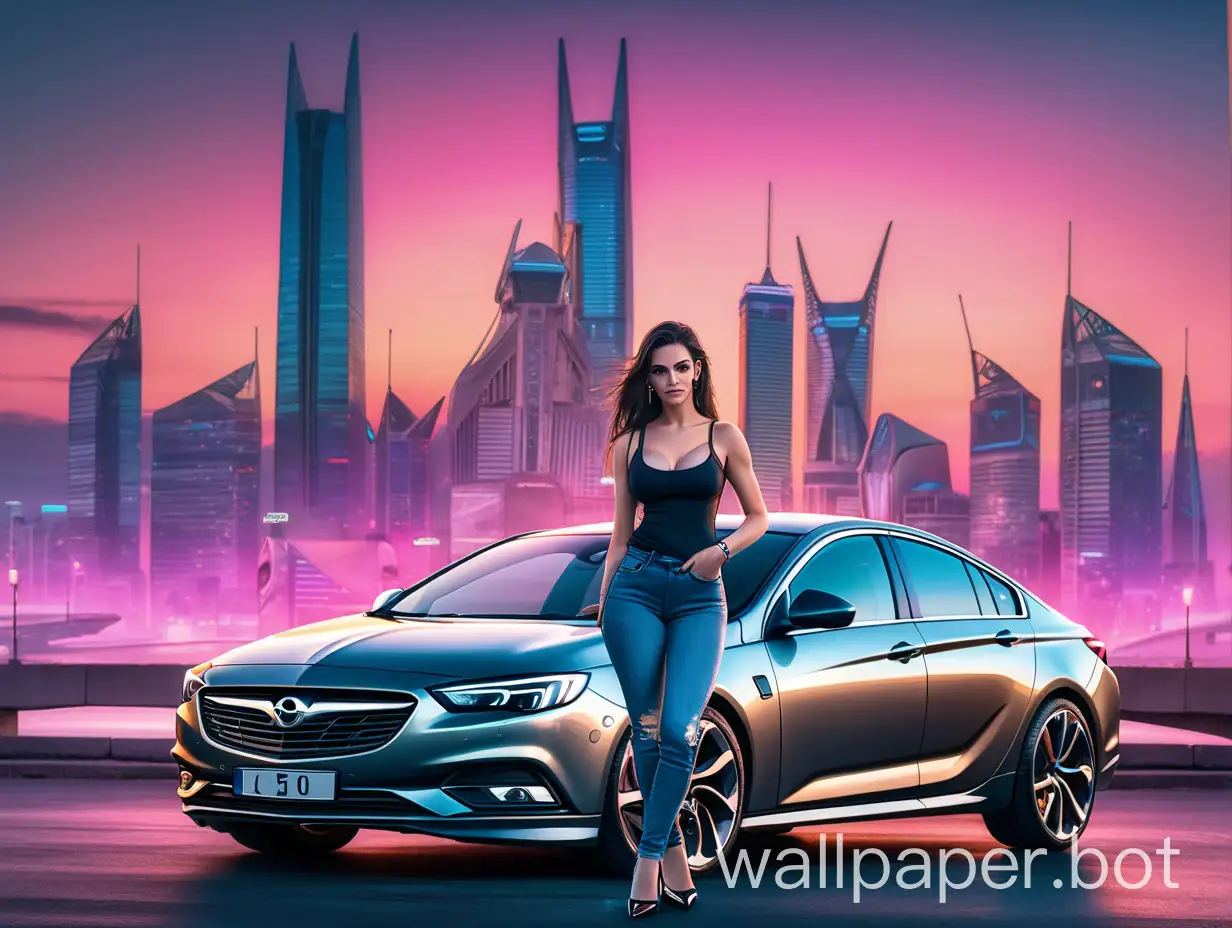 Grey opel insignia grand sport car, a fuller shape brunette woman in black t-shirt with cleavage, jeans and high heels standing next to the car, background is a futuristic city at sunset, synthwave style