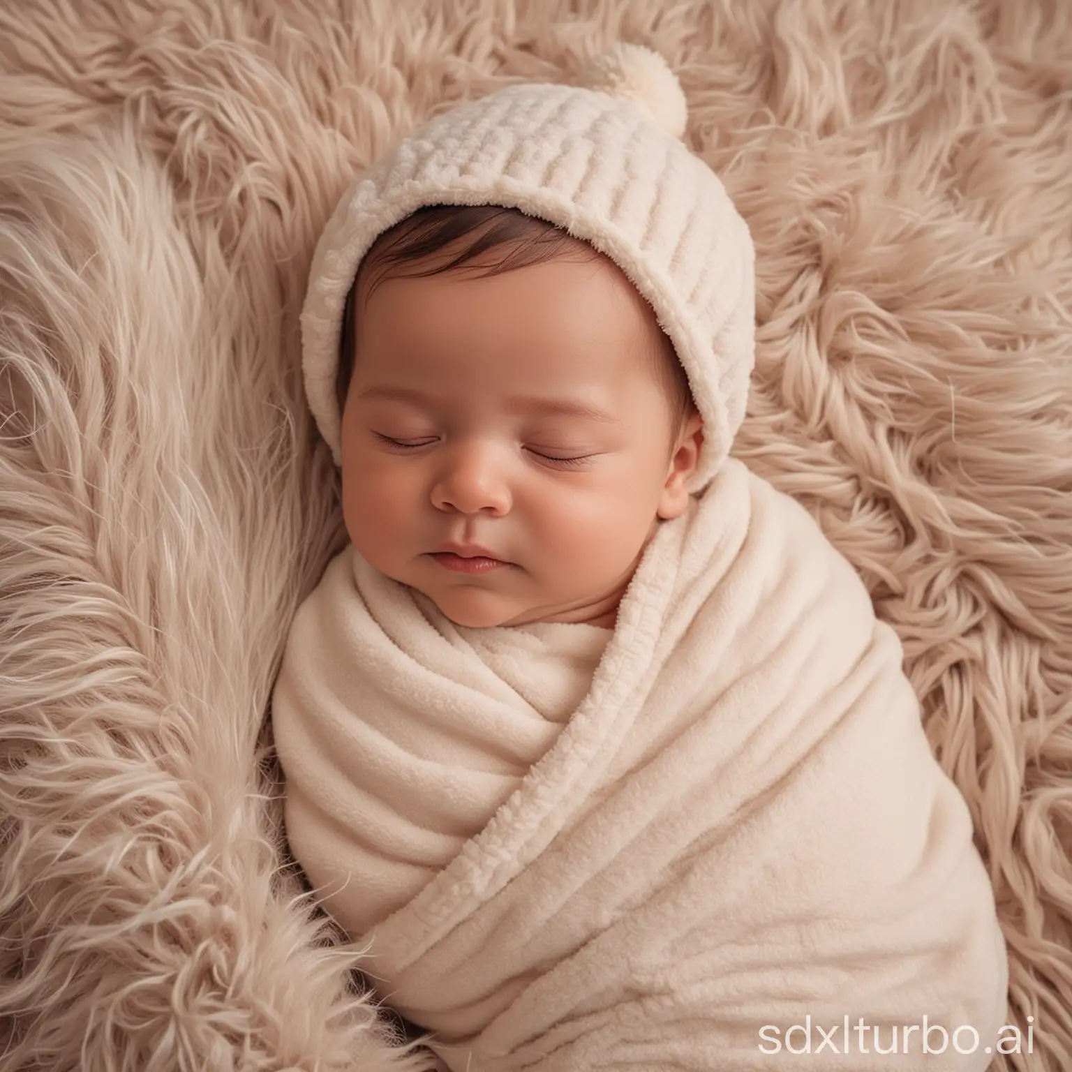 A sleeping baby lying on a soft, fluffy blanket. The baby is wearing a cute onesie and has a peaceful expression on their face. The background is a soft, muted color that complements the baby's skin tone.