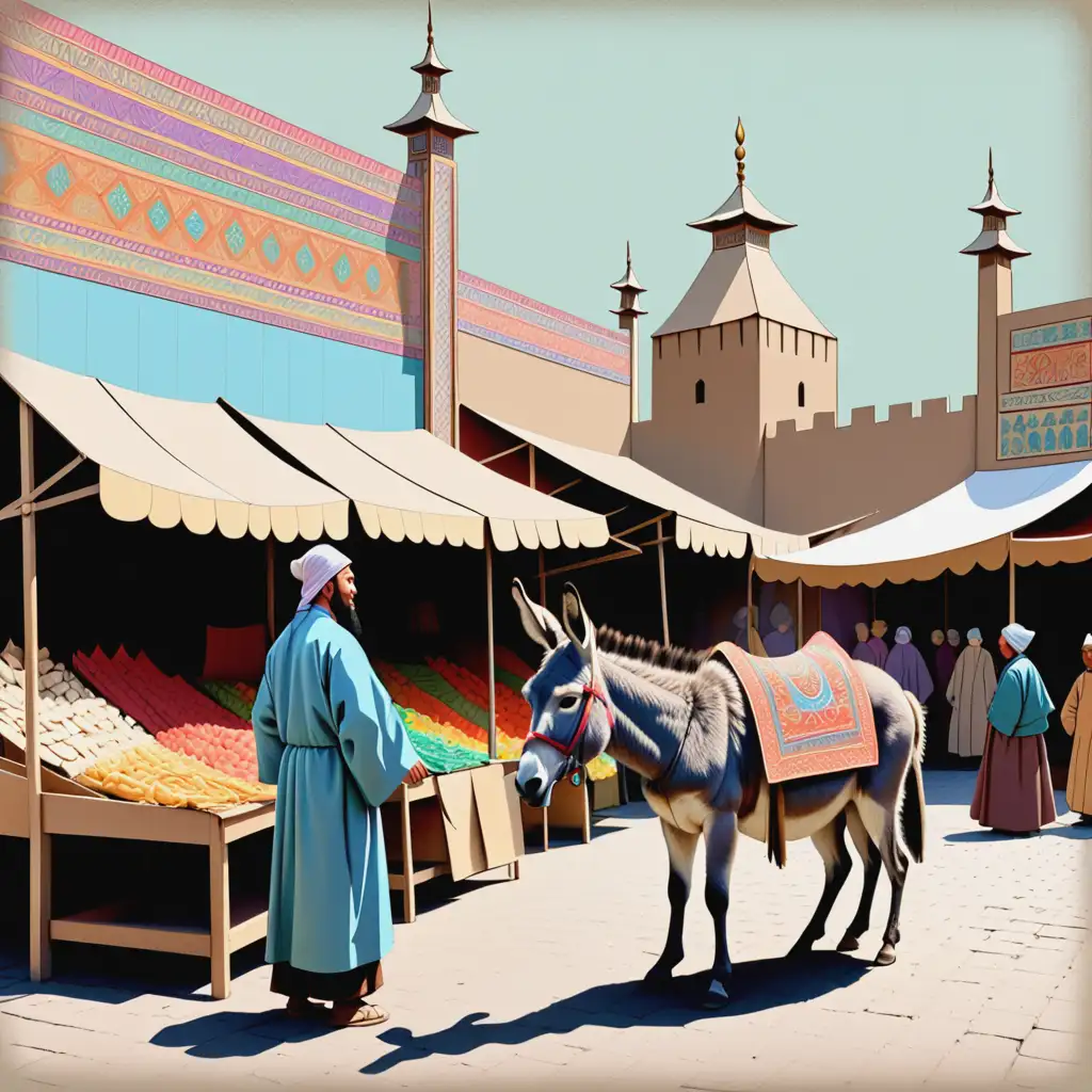 19th Century Market Square with Eastern Merchant and Donkey Shopper
