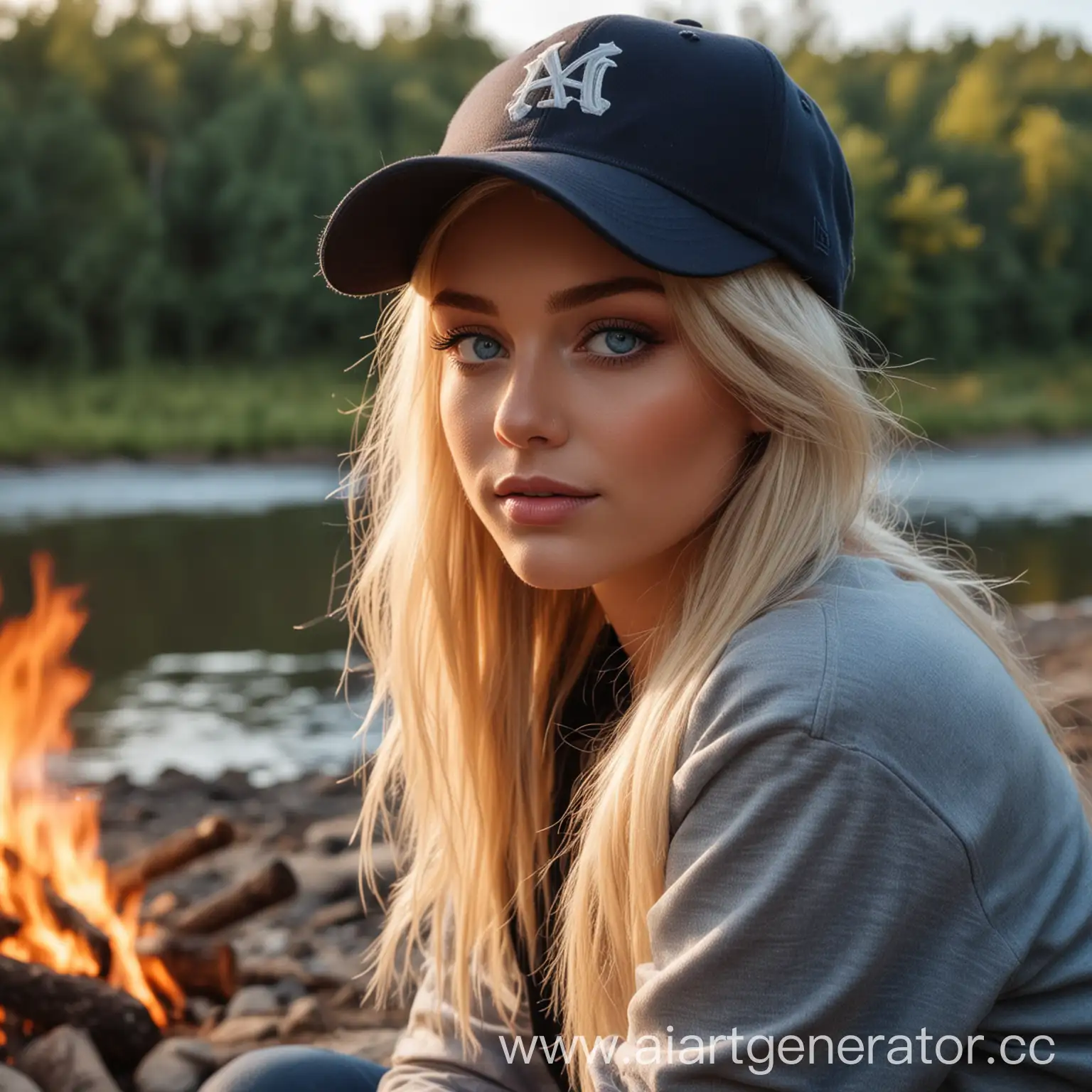 A glamorous blonde with blue eyes in a baseball cap sits by a fire on the river bank.