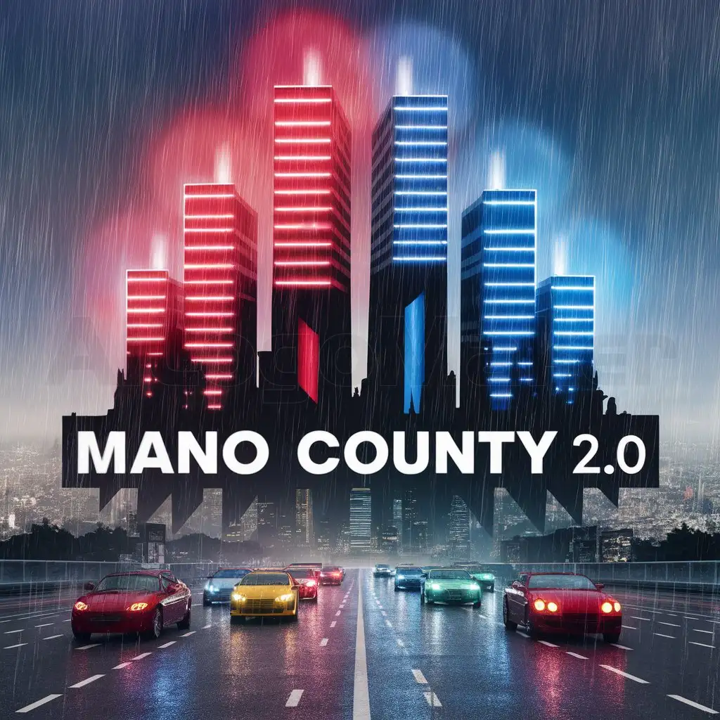 a logo design,with the text "Mano County 2.0", main symbol:Skycrapers flashing red and blue lights with cars on a road with rain pouring down from the sky,Moderate,clear background