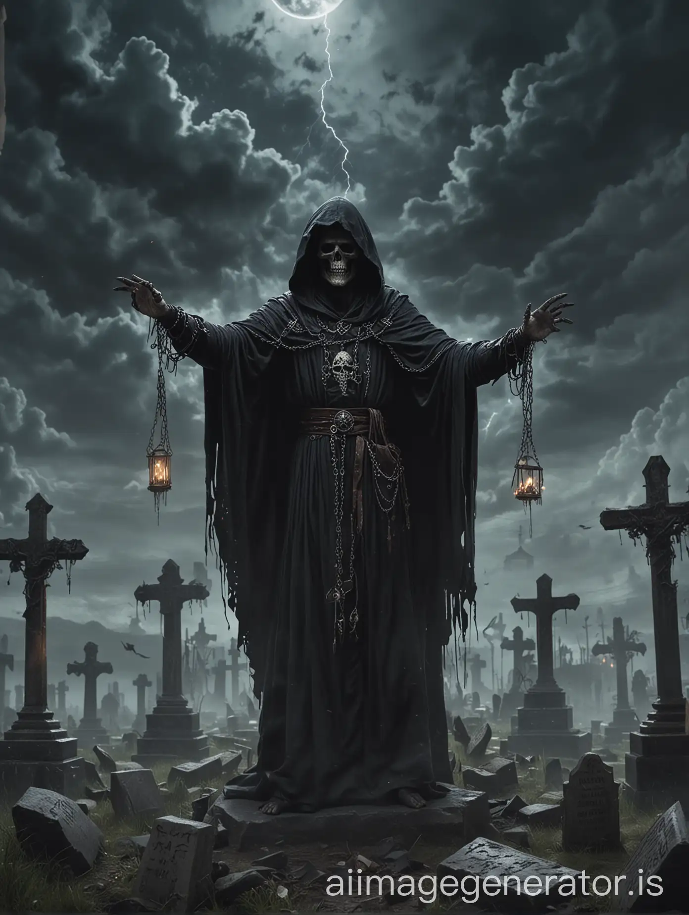 A necromancer with a dark hooded robe and chains of magic around their hands, raises their hands towards the night sky filled with dark clouds, with old graves and grave stones surrounding