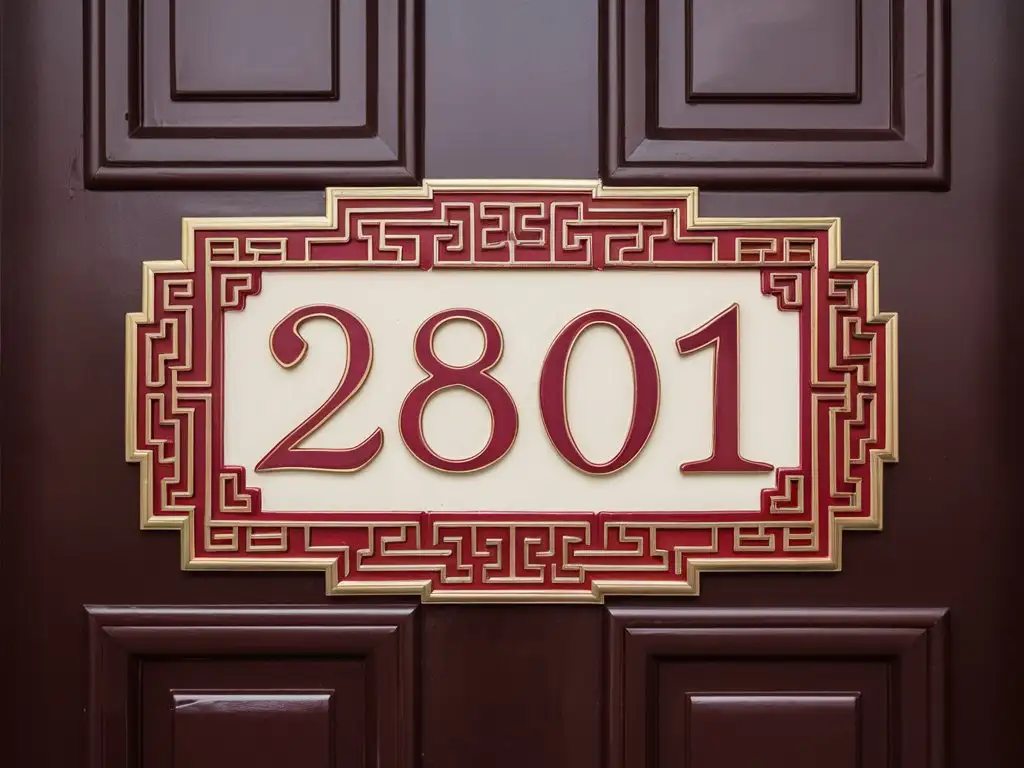 一个准备张贴在门上的中国风的门号展示牌，门牌号是：一栋一单元2801