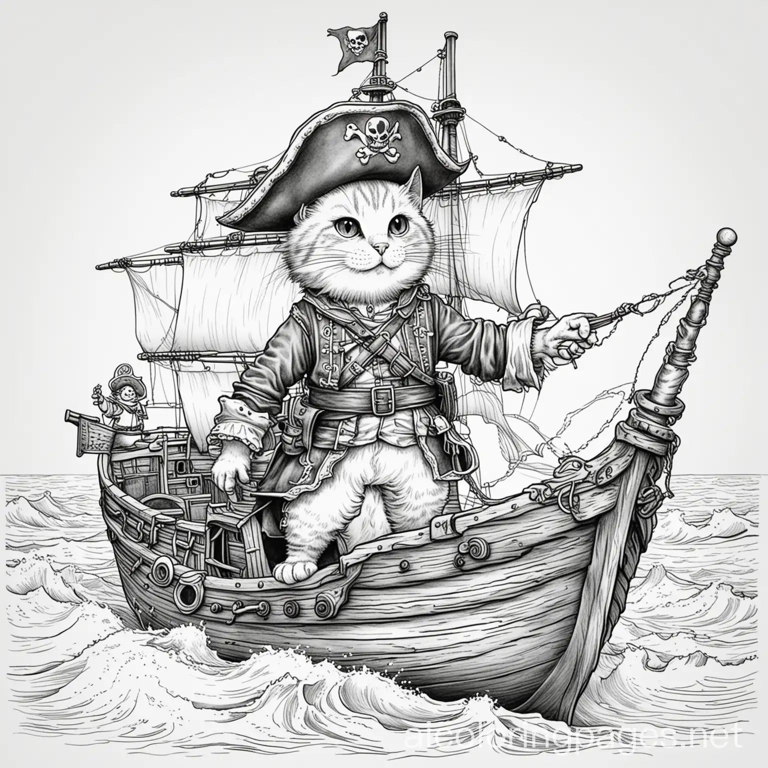 A cat in a pirate costume steering a ship on the open sea. Colouring Page, black and white, line art, white background, Simplicity, Ample White Space. The background of the colouring page is plain white to make it easy for young children to colour within the lines. The outlines of all the subjects are easy to distinguish, making it simple for kids to colour without too much difficulty ,, Coloring Page, black and white, line art, white background, Simplicity, Ample White Space. The background of the coloring page is plain white to make it easy for young children to color within the lines. The outlines of all the subjects are easy to distinguish, making it simple for kids to color without too much difficulty