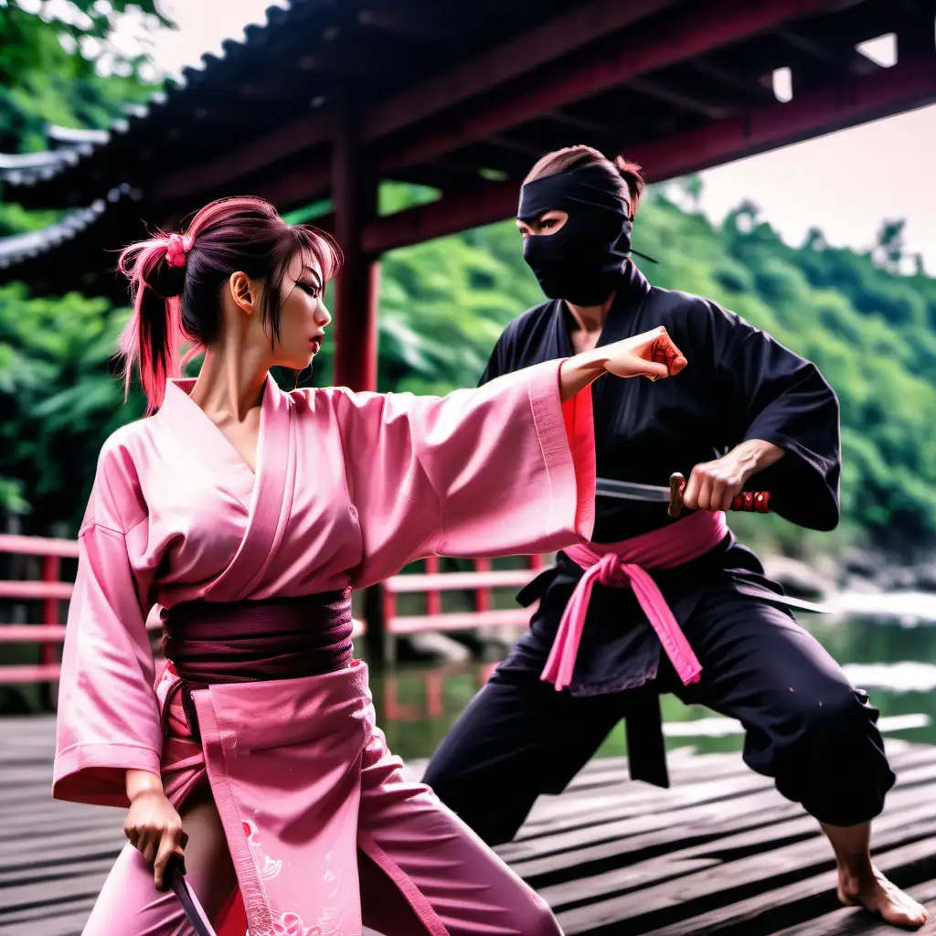 девушка в розовом кимоно сражается против ниндзя в черной одежде,  шелковое розовое облегающее кимоно разрезано на груди, кинжал в руках, порванная одежда на груди, большая грудь видно грудь из-за разреза, кровь на сиськах, кровь на кимоно, на фоне река мост деревянный, ниндзя в черной одежде с коротким мечом за спиной девушки