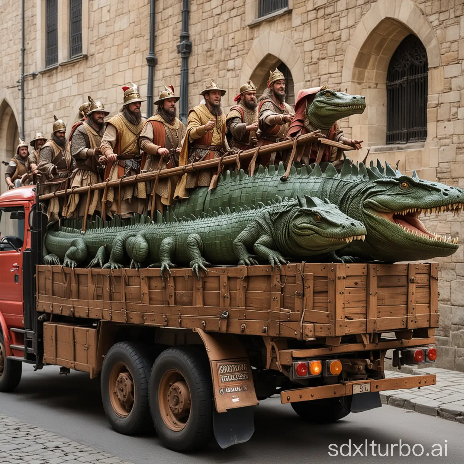 Medieval truck loaded with costumed crocodiles