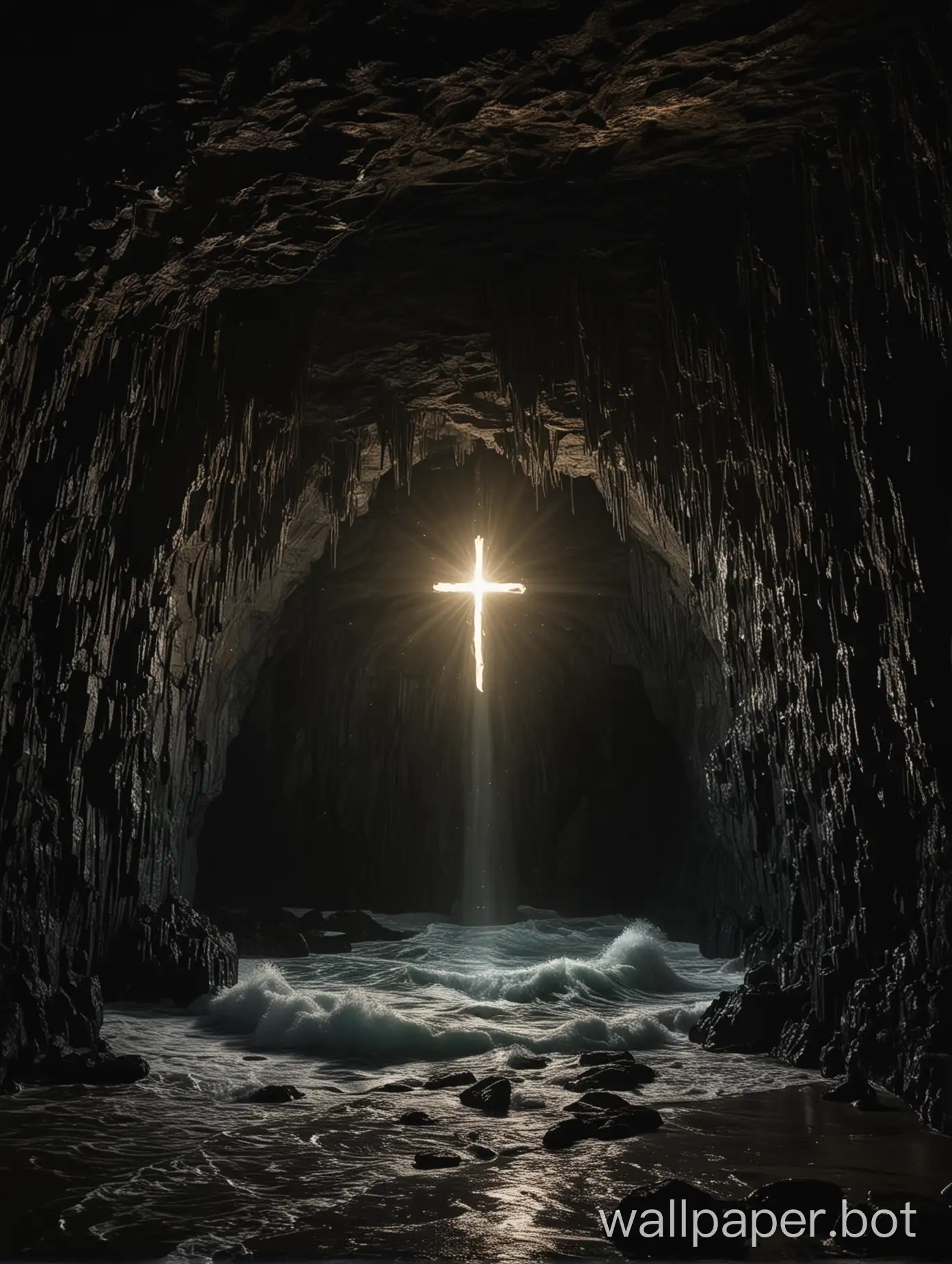 A dark cave with the echo of waves flowing in it and a glowing cross in the center