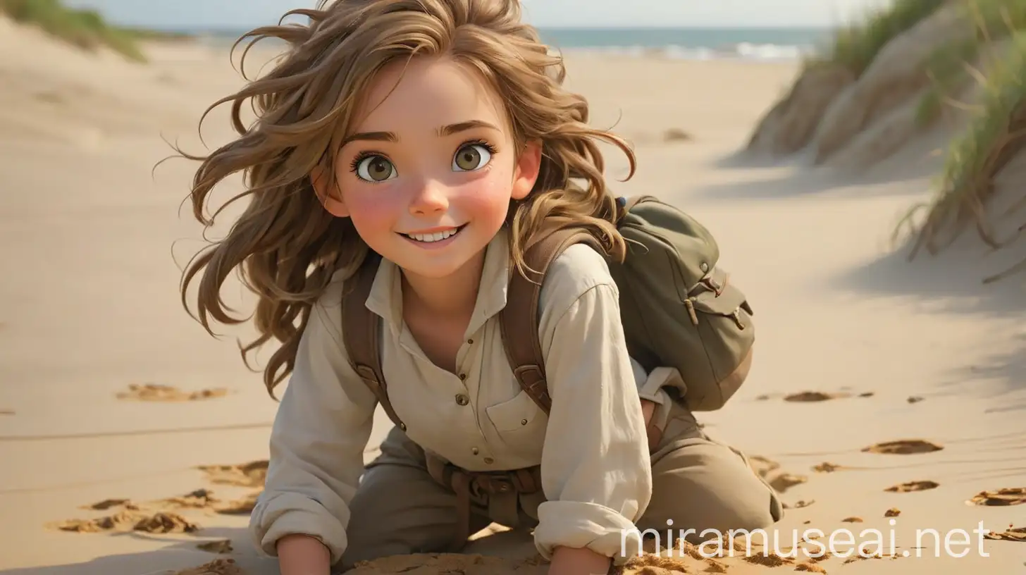  a young girl with bright, inquisitive eyes and a friendly smile. She wears simple yet practical clothing suitable for adventure—a light tunic, sturdy pants, and worn leather boots carrying a back pack. Her hair is loosely tied back, discovered The enchanted compass lies partially buried in the sand of the beach glowing softly with an otherworldly light.    