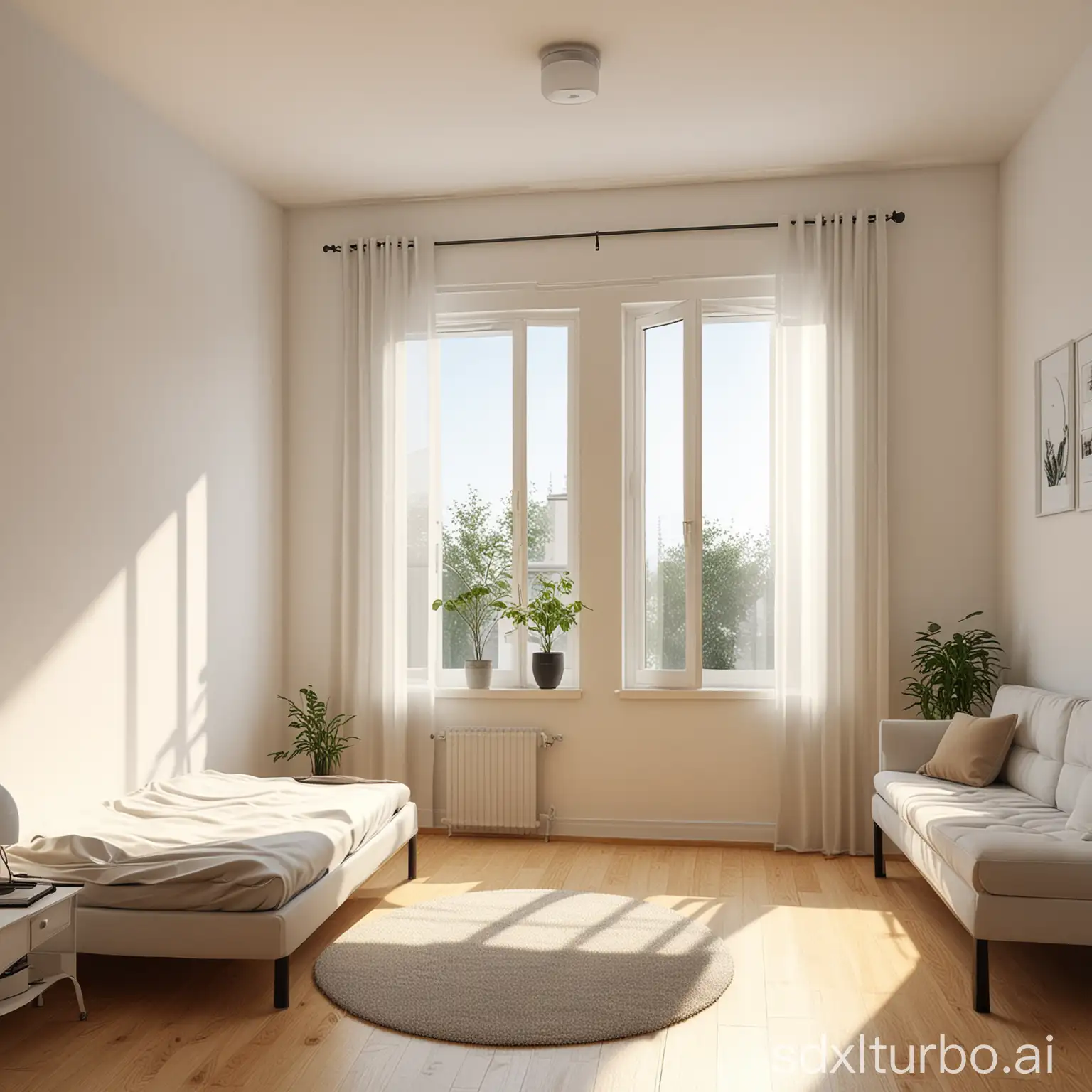 Room, ordinary bright, homely, minimalism, sun, realism, furnished