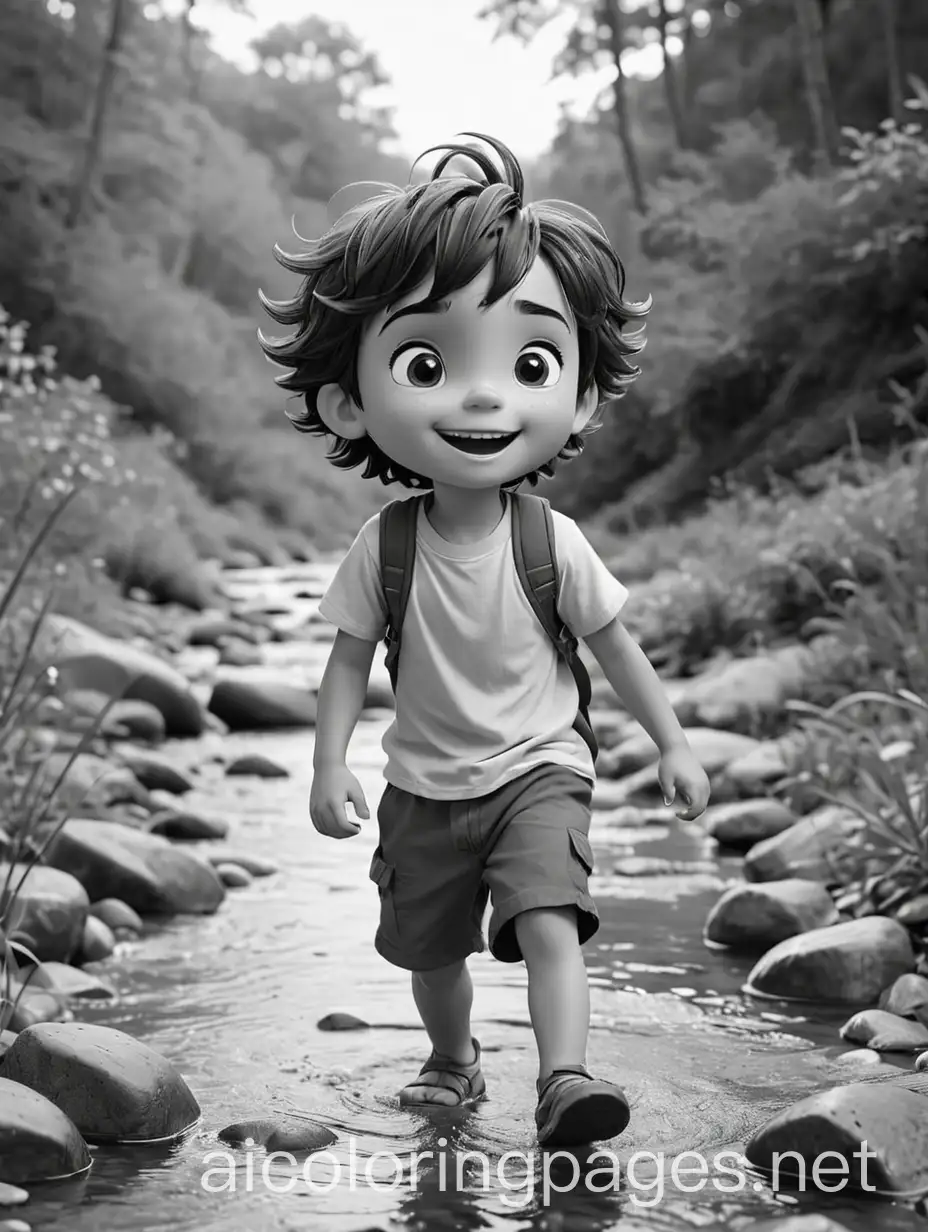A happy kid playing in a creek, Coloring Page, black and white, line art, white background, Simplicity, Ample White Space. The background of the coloring page is plain white to make it easy for young children to color within the lines. The outlines of all the subjects are easy to distinguish, making it simple for kids to color without too much difficulty