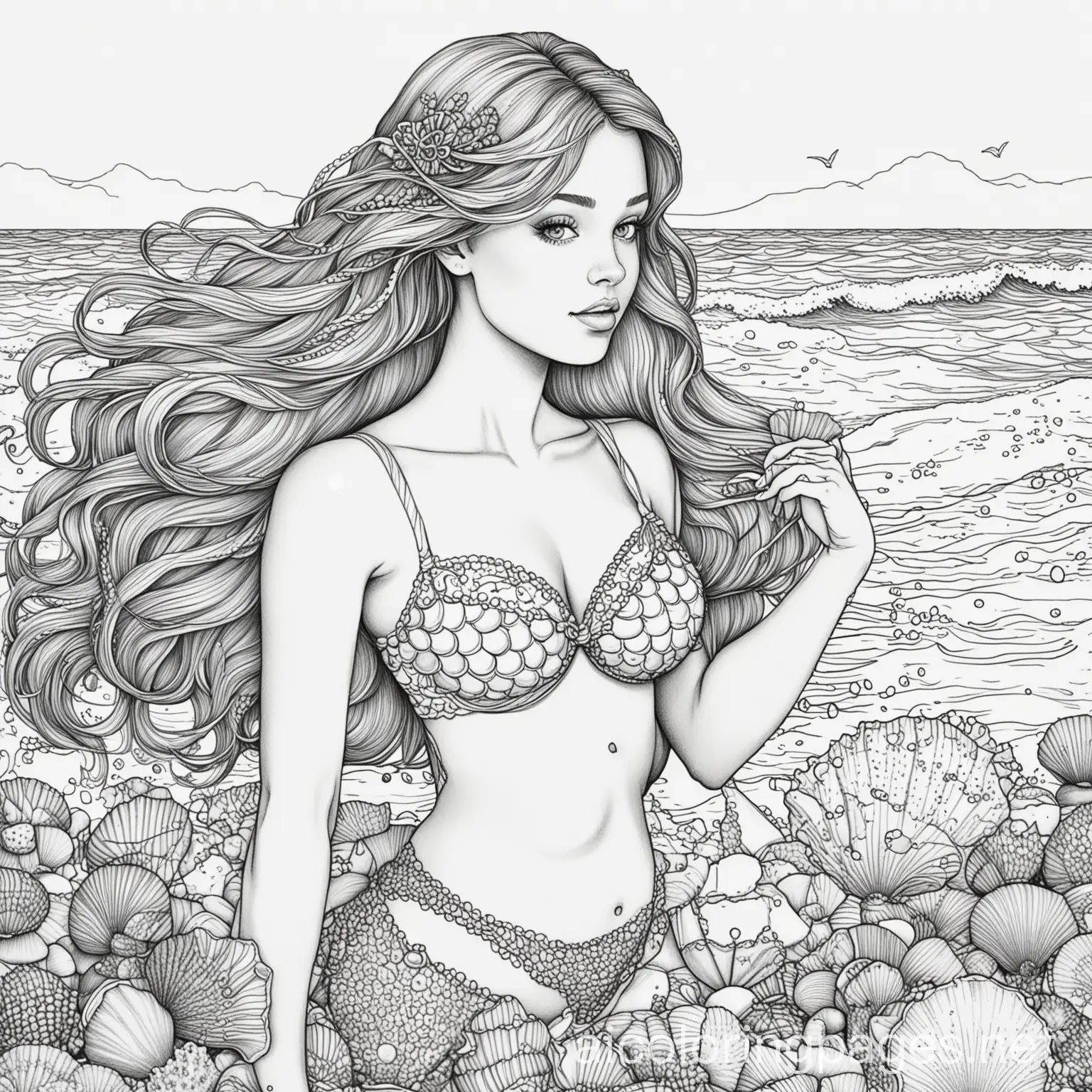 Mermaid Next beach full of seashells wearing claim shell bra, Coloring Page, black and white, line art, white background, Simplicity, Ample White Space. The background of the coloring page is plain white to make it easy for young children to color within the lines. The outlines of all the subjects are easy to distinguish, making it simple for kids to color without too much difficulty