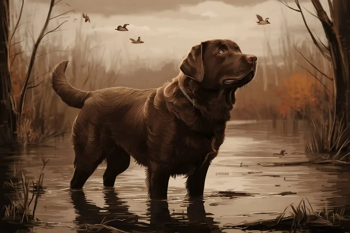 in late fall in flooded timber, a skillfully rendered sketch illustration of a Chocolate Labrador Retriever with thick wavy fur looking into the sky waiting patiently, small silhouettes of ducks flying high in the far distance 