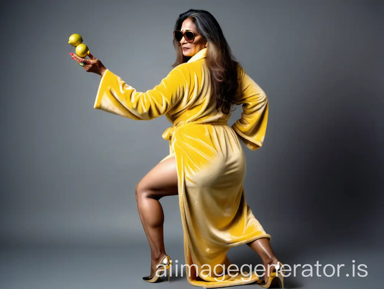 a mature  indian woman  backside , with curvy figure , long dense hair, wearing a lot of gold ornaments , wearing a wet neon velvet lemon color bath robe wearing a sunglasses on face  standing with high heels  holding her waist with hand, she is doing squat exercise