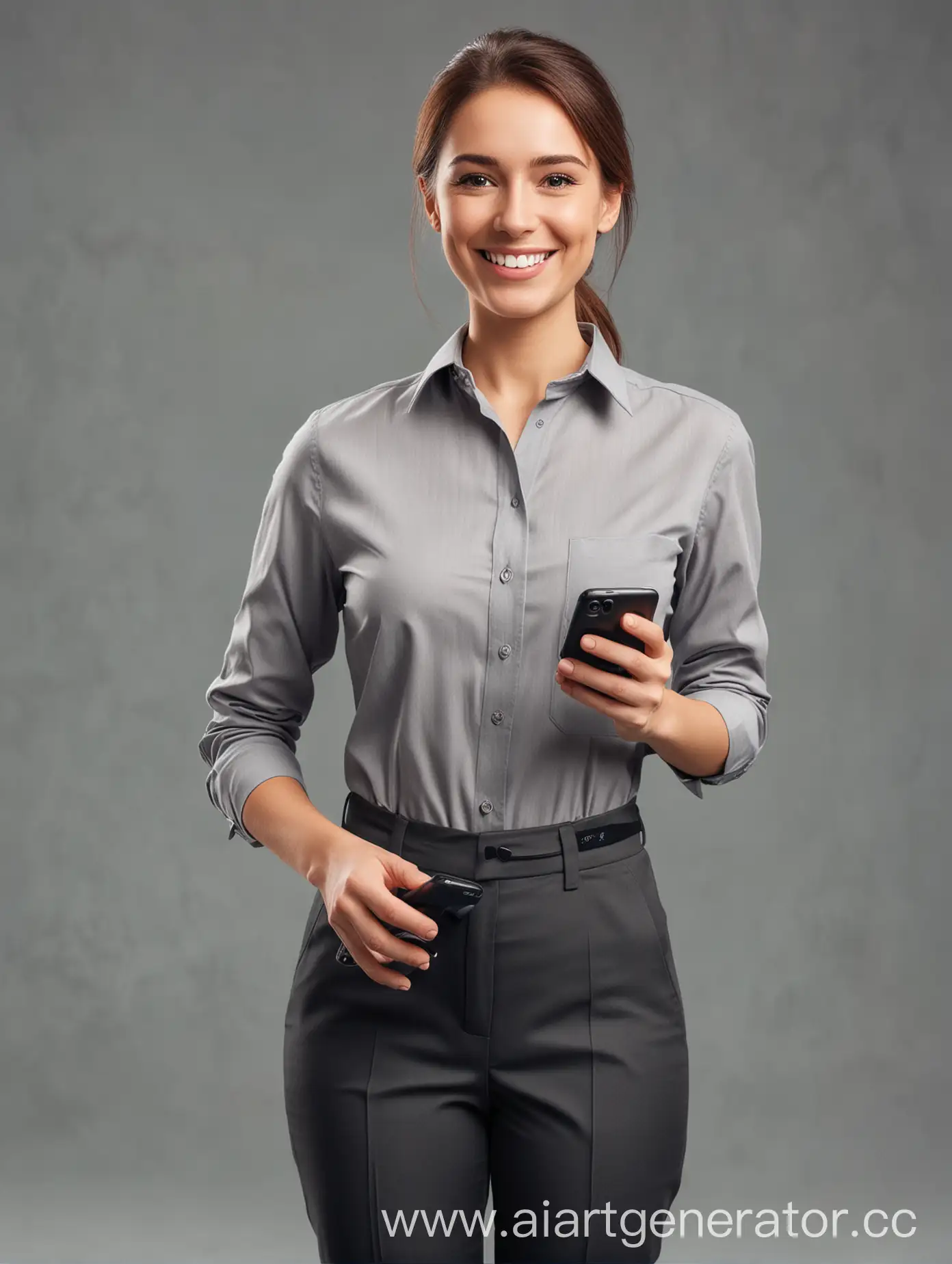 Smiling-Employee-Holding-Phone-at-Waist-Level