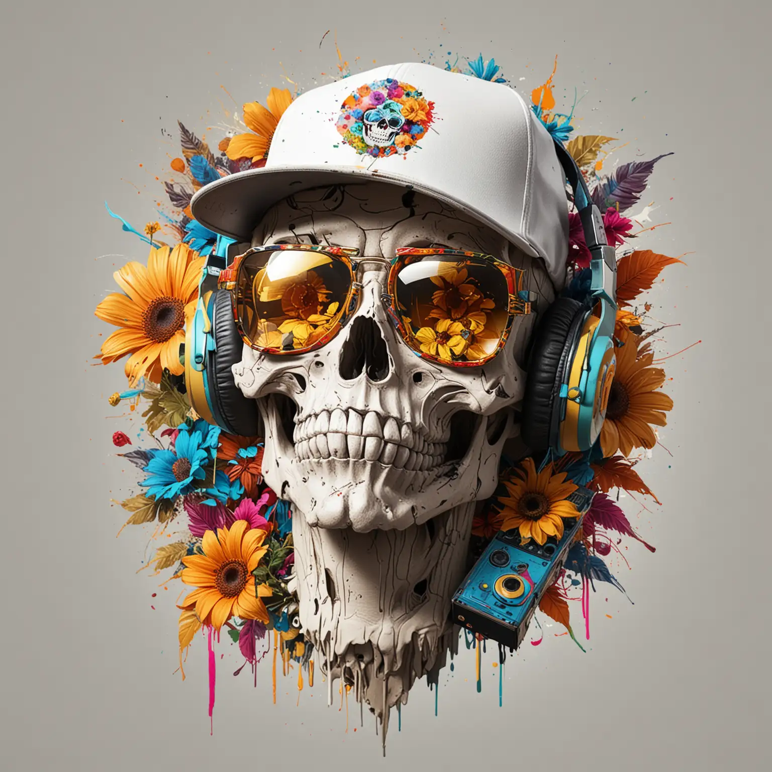 Colorful Abstract Hip Hop Skull Listening to Music with Graffiti Cartoon Style