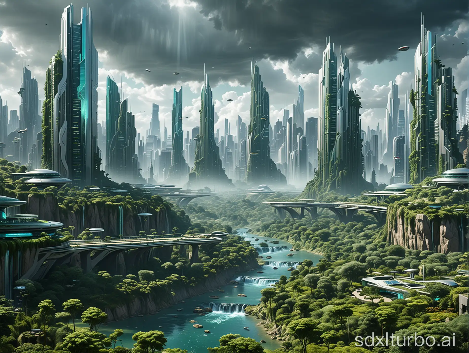 Generate a futuristic sci-fi city with neatly landscaped green belts, where buildings seamlessly blend with nature. The buildings feature small holographic waterfalls cascading down, imbuing a sense of technology and futurism. Clean, tidy, with towering skyscrapers—a futuristic metropolis.