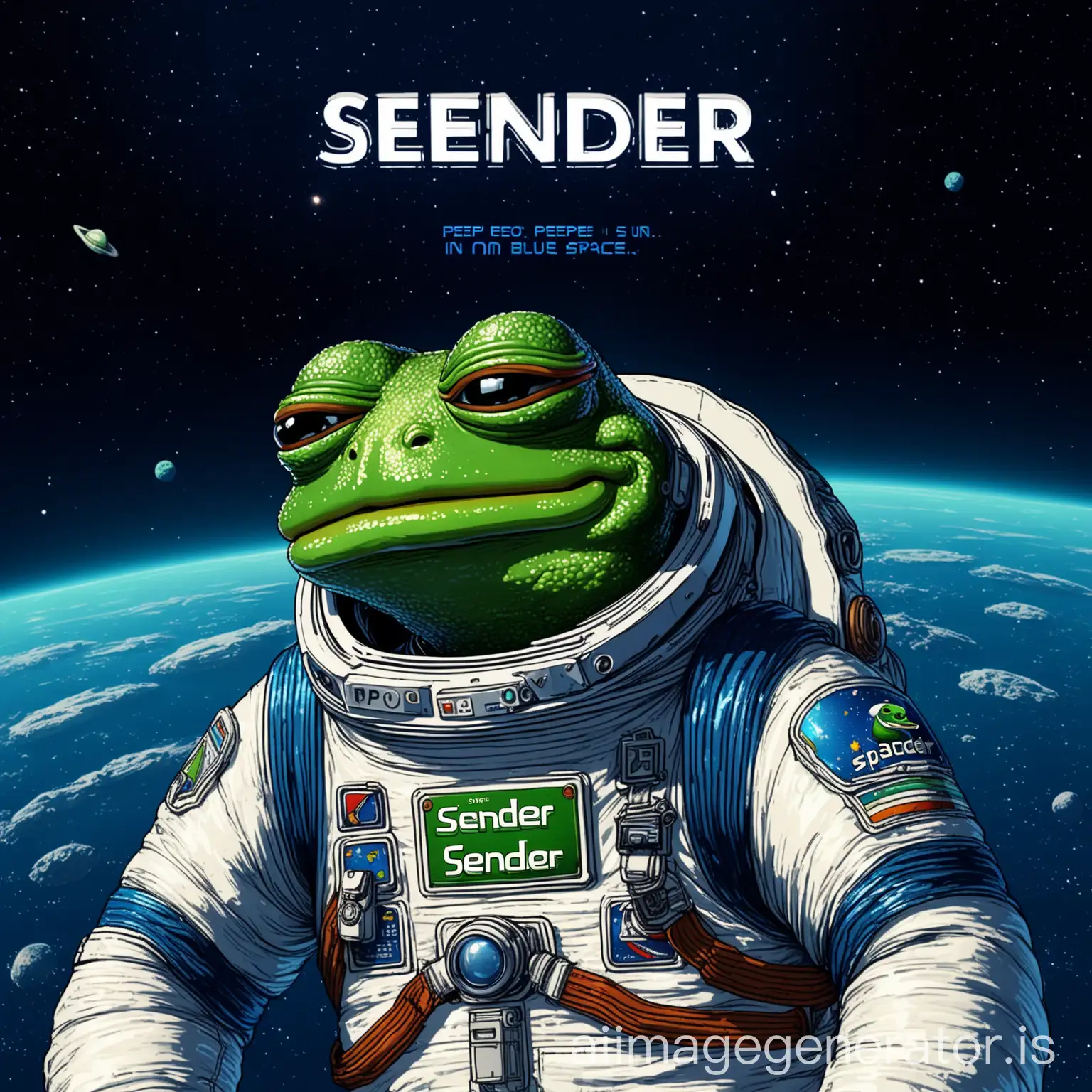 a pepe in blue space with spacesuit
"sender " Text in background
details are so high quality and lighting with detailed details