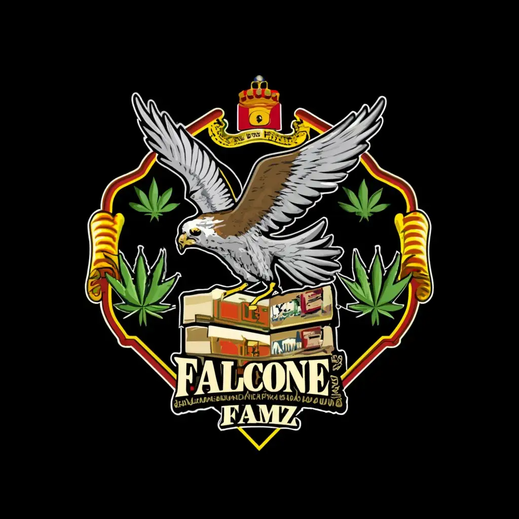 a logo design,with the text "Falcone Farmz ", main symbol:Falcons , Money , marijuana , Cartons , Spanish flag , Mafia,complex,clear background