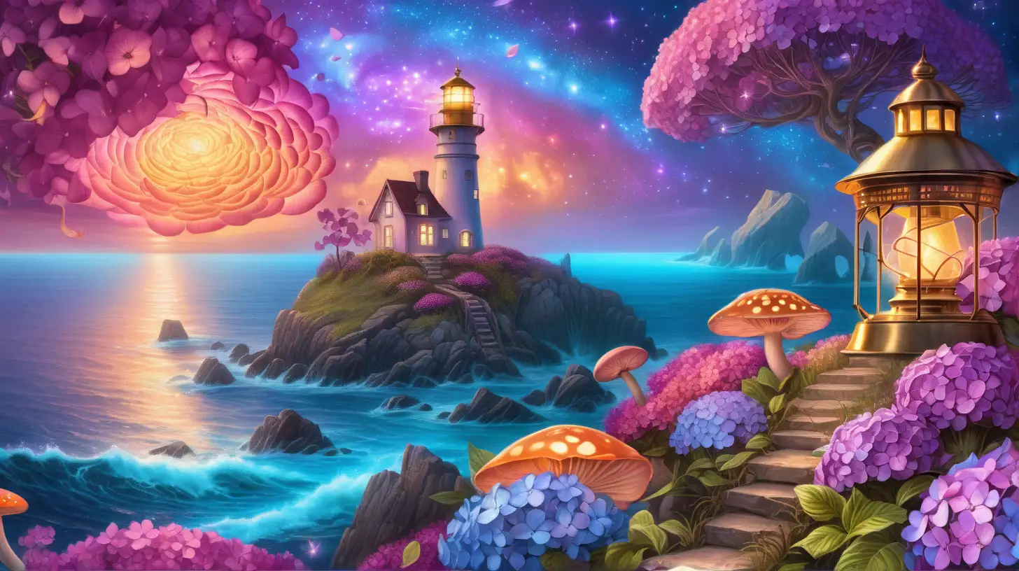 florescent fairytale lighthouse. Sky is Periwinkle and sky blue (#87CEEB) and golden-magenta in golden dust. Magical orange glowing ocean of luminescent  magenta flowers, giant magenta-fire in the sky among galaxies. Enchanted mushrooms surrounding Hydrangeas. Vintage glowing lantern.