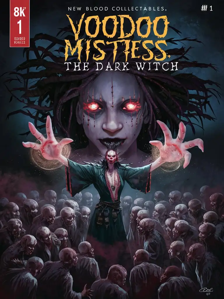  Design an 8K #1 comic book cover for Title: "New Blood Collectables" featuring Sub-Title: "Voodoo Mistress, the Dark Witch". Use FSC-certified uncoated matte paper, 80 lb (120 gsm), with a slightly textured surface. Voodoo Mistress weaves a spell of darkness, her eyes glowing with malevolent energy, as she summons forth a legion of undead minions...

(The input is in English, so the output must be identical to the input.)