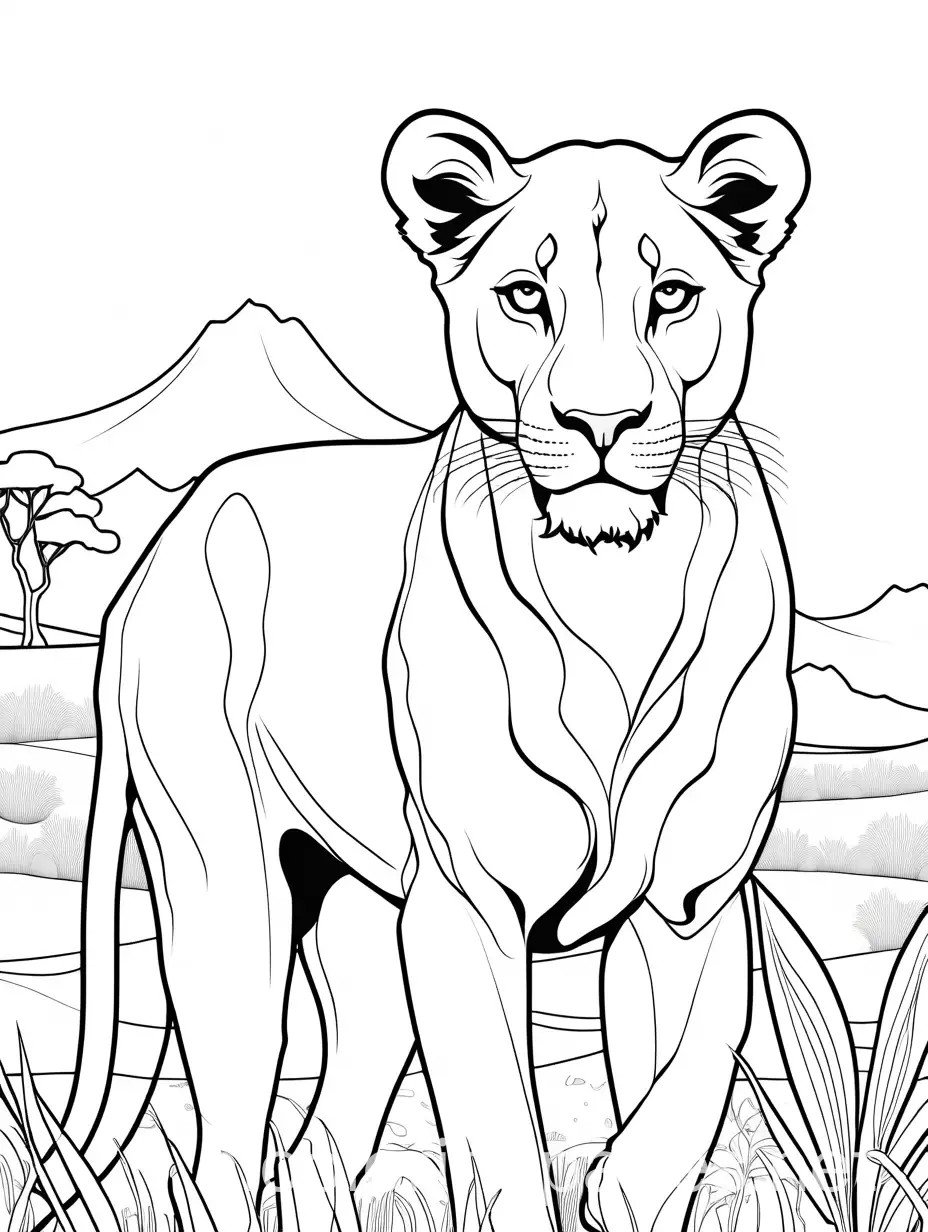 a lioness in savannah, Coloring Page, black and white, line art, white background, Simplicity, Ample White Space