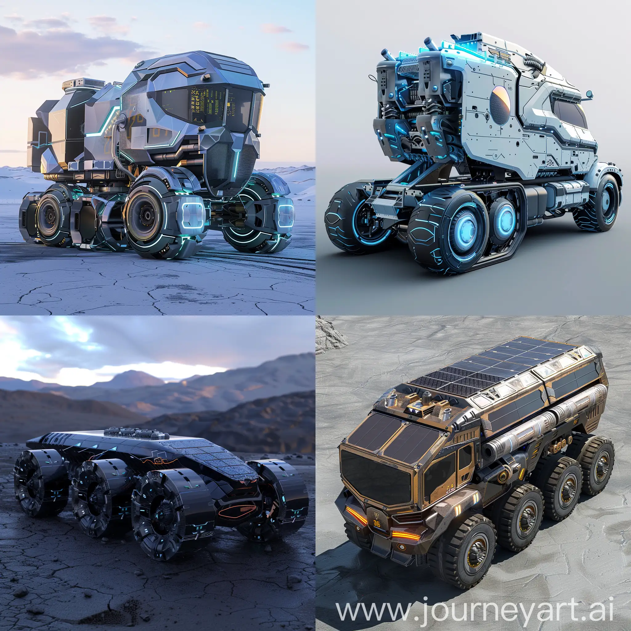 Sci-Fi truck, Advanced Science and Technology, Energy Conversion Engine, Modular Battery Cells, Electro-Magnetic Wheels, AI-Driven Navigation System, Holographic Display Controls, Nano-Material Chassis, Atmospheric Water Generation System, Self-Repairing Components, Integrated Drone Deployment, Quantum Computing Processor, Adaptive Camouflage Skin, Solar Panel Exoskeleton, Aerodynamic Transforming Body, Retractable Aerofoils, 360-Degree Sensor Array, Climate Adaptation Systems, Expandable Cargo Hold, Electro-Reflective Windows, Integrated Rescue Drones, Communication Beacon Tower, In Unreal Engine 5 Style --stylize 1000